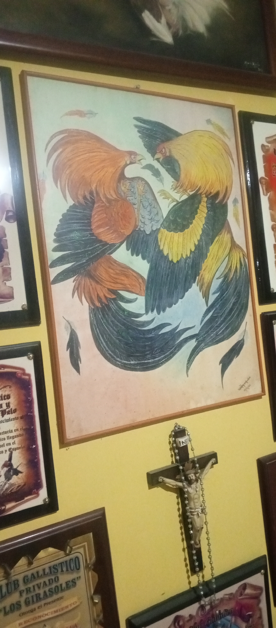 Folk art collection documented on yellow wall in Tinaquillo