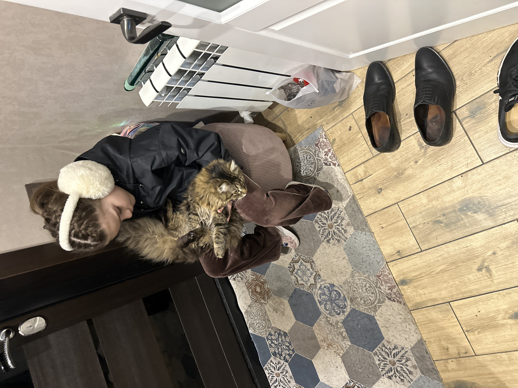 Person in black jacket interacts with pets indoors