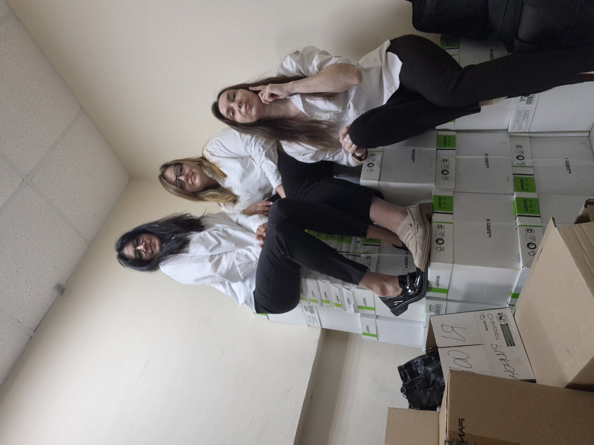 Three women pose playfully on labeled boxes indoors