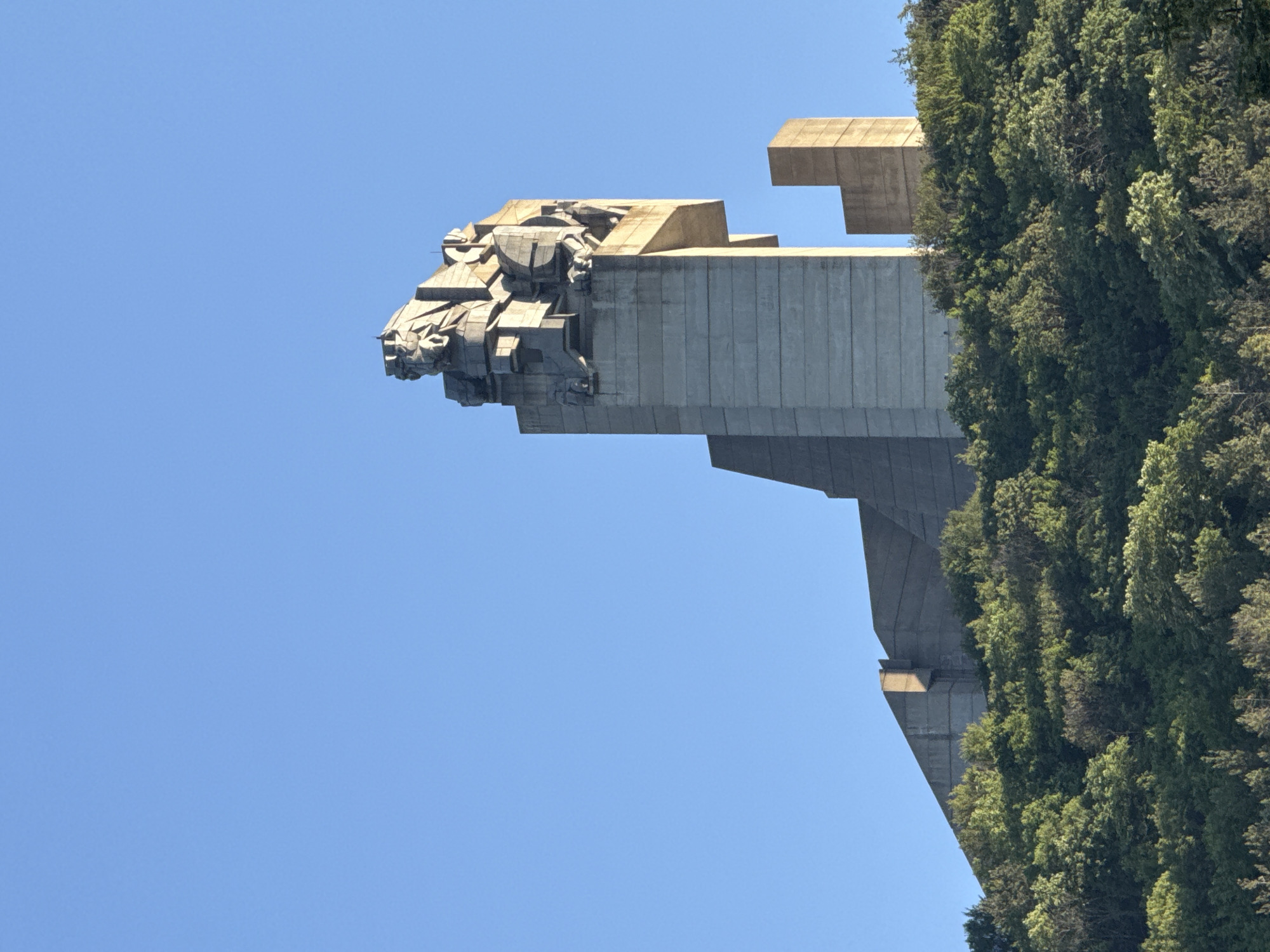 Tourist photographs Bulgarian monument and local dog in Shumen
