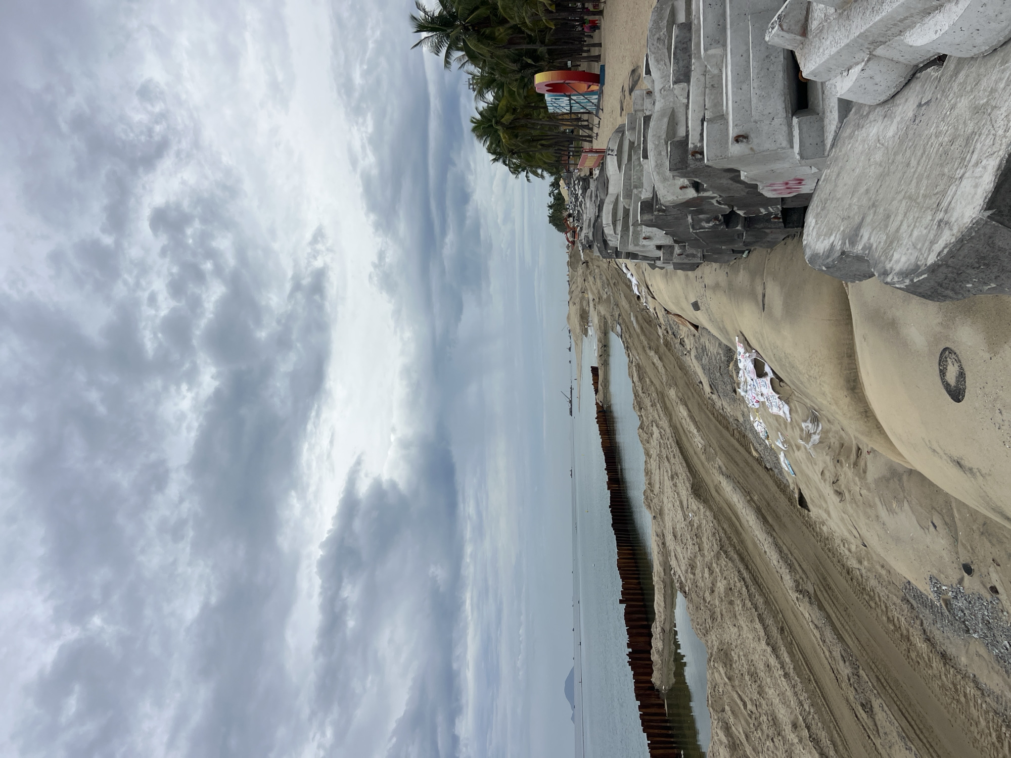 Hoi An beach: coastal barriers, thatched shade, and a rope swing