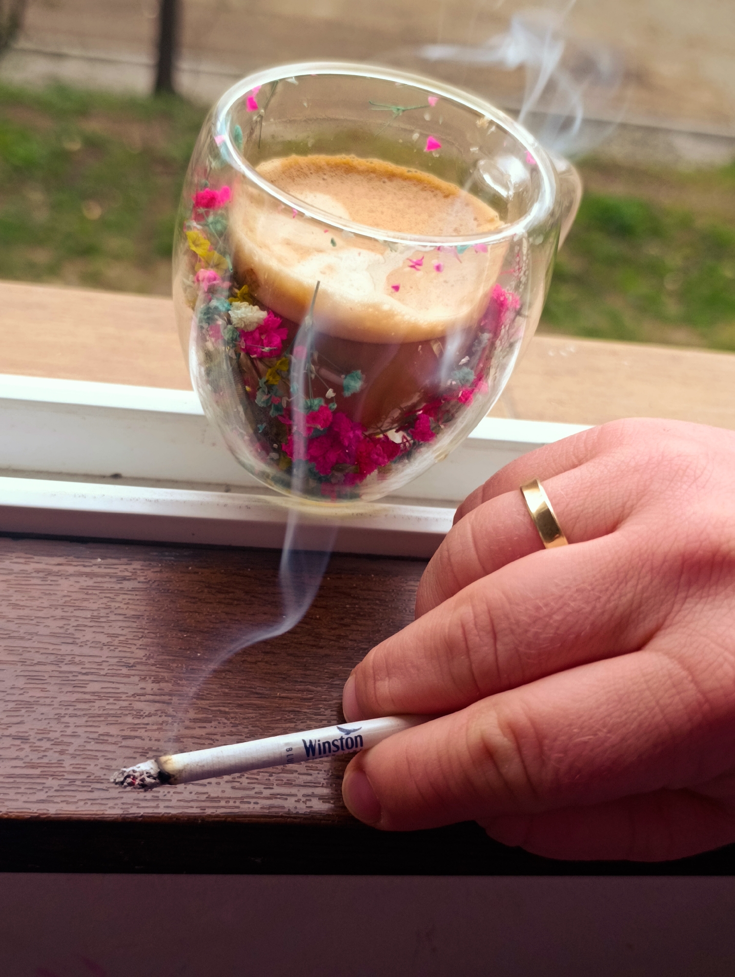 Morning espresso session documented in Bulgarian apartment overlooking city