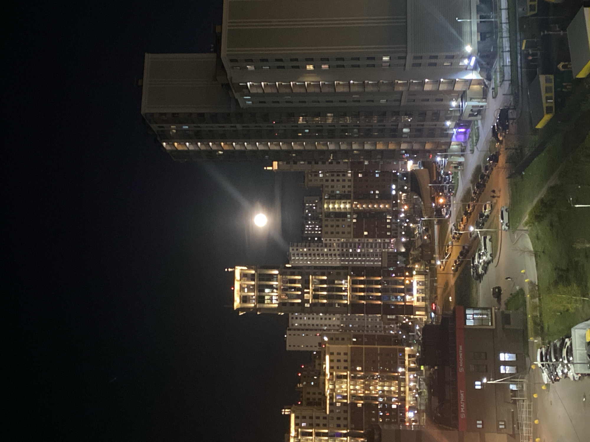Saint Petersburg cityscape observed under moonlight evening hours