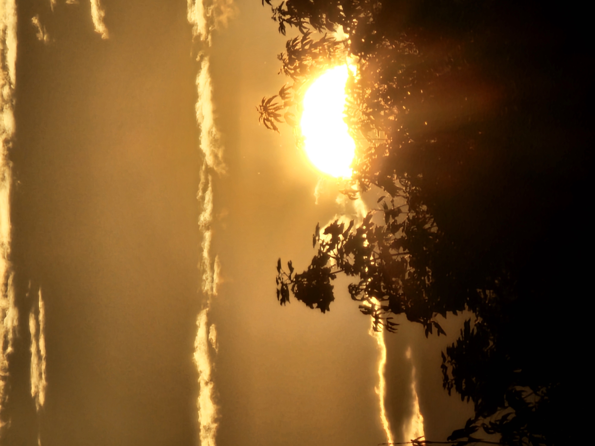 Golden sunset breaks through trees and clouds over Khimki