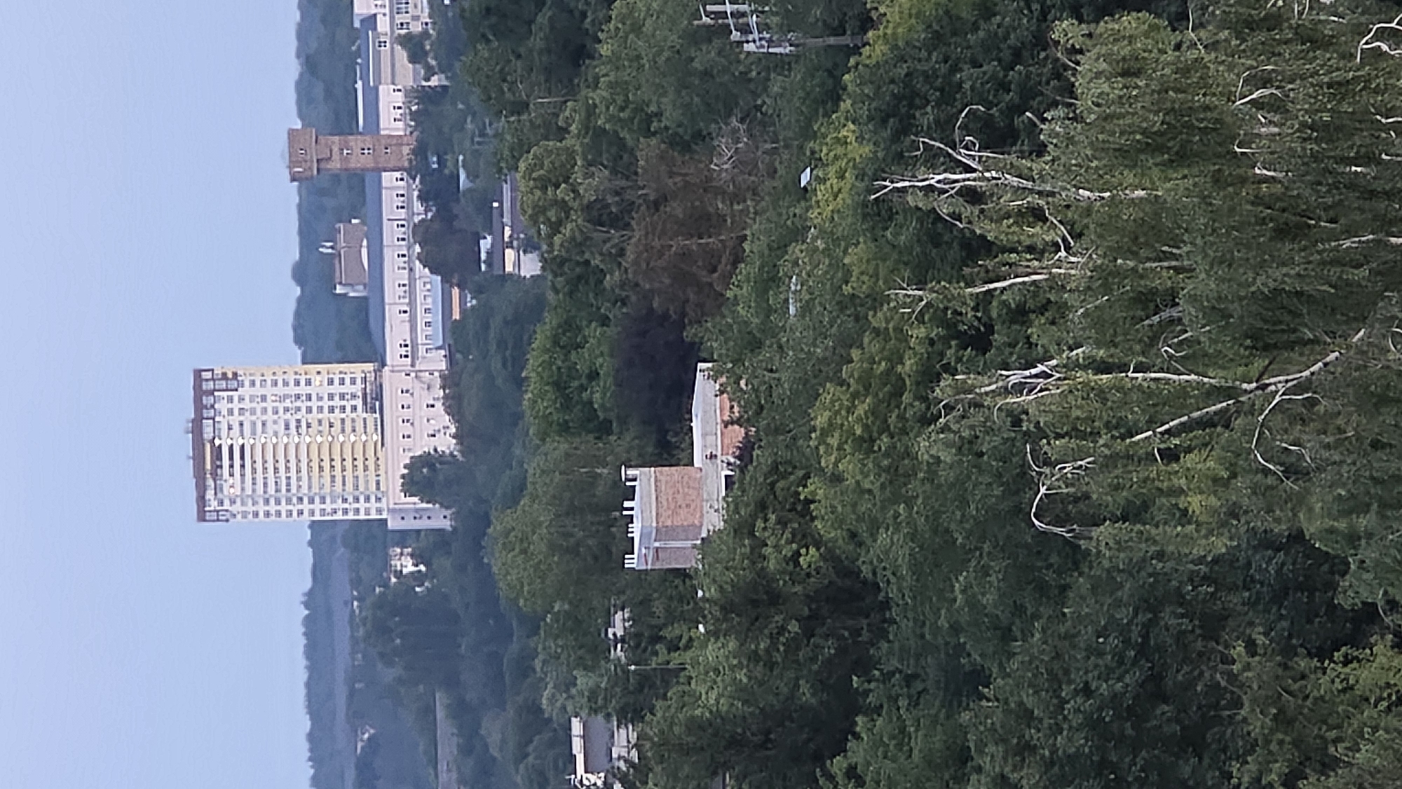 Elevated views across a residential urban neighborhood at dusk