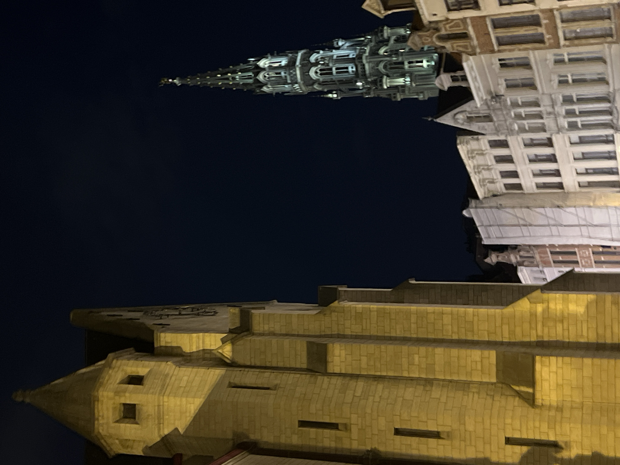 Brussels city center at night, landmarks lit up