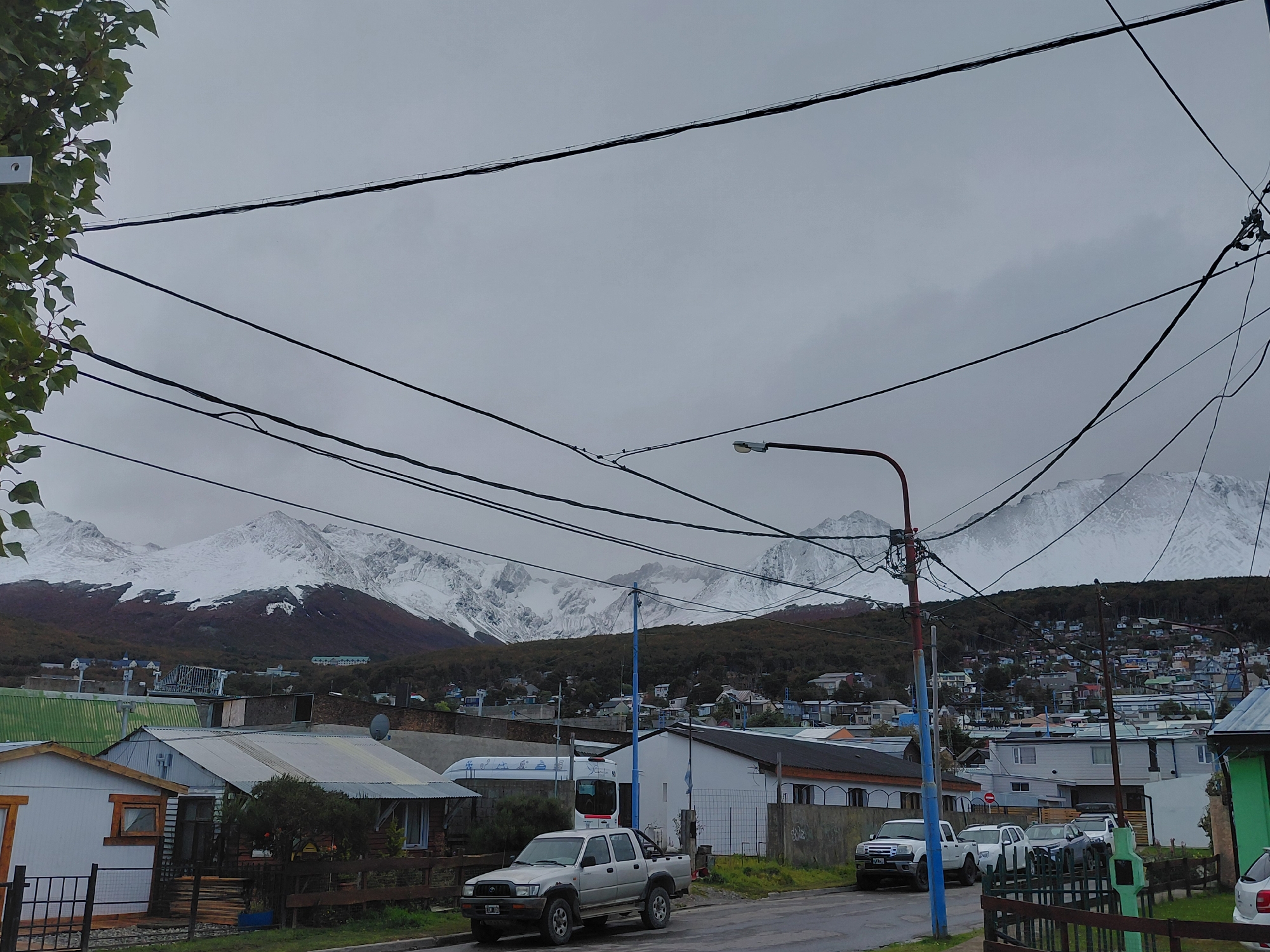 Street scene captured in Ushuaia, Argentina under overcast skies