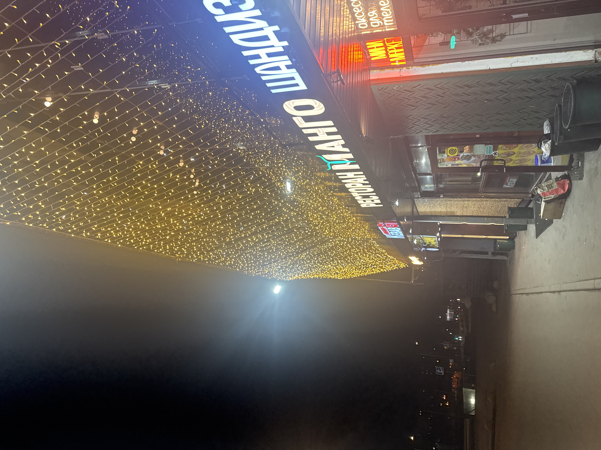 Moscow nighttime scenes captured near university and restaurant district