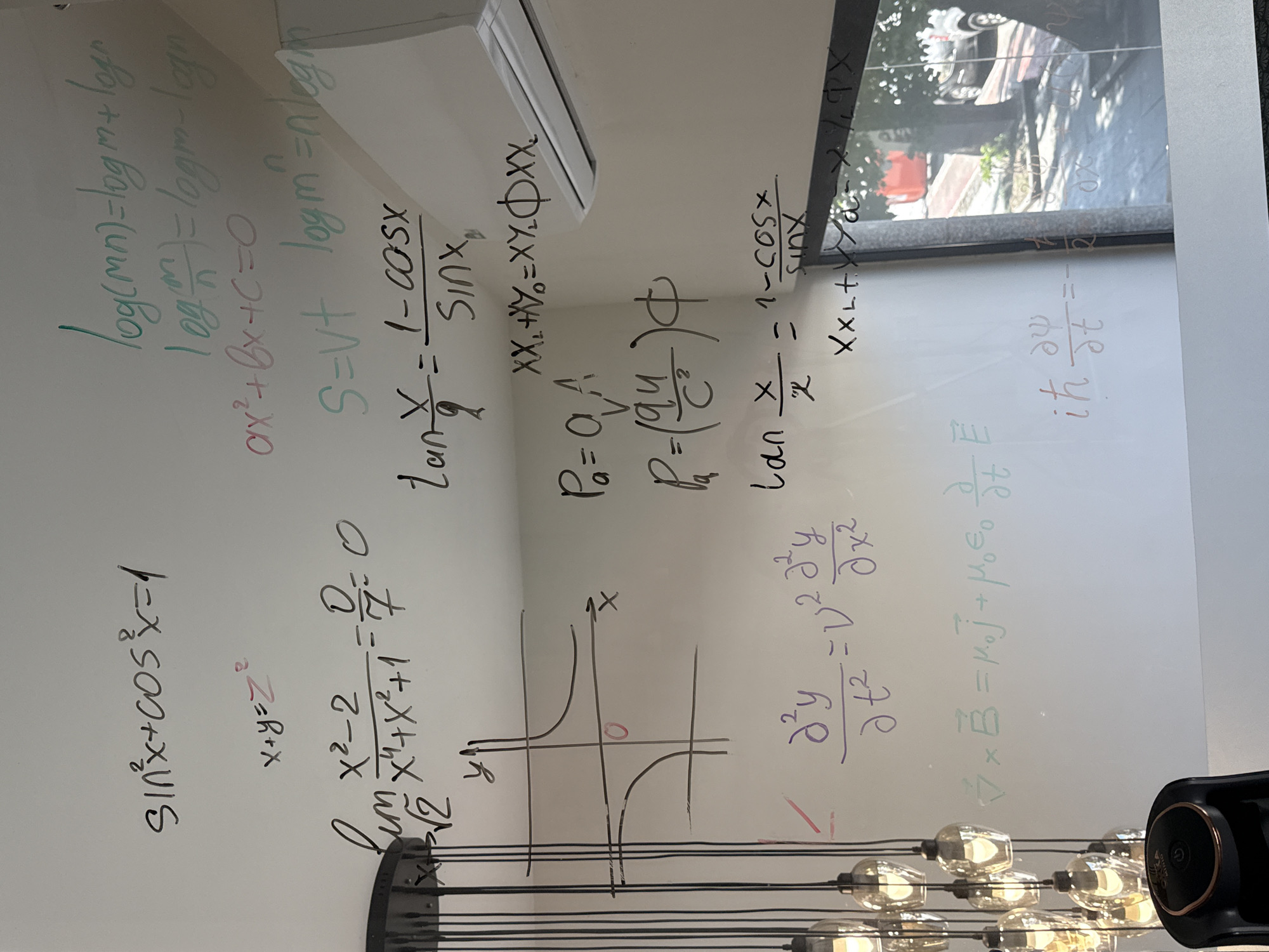 Math equations on a whiteboard, street view through a window