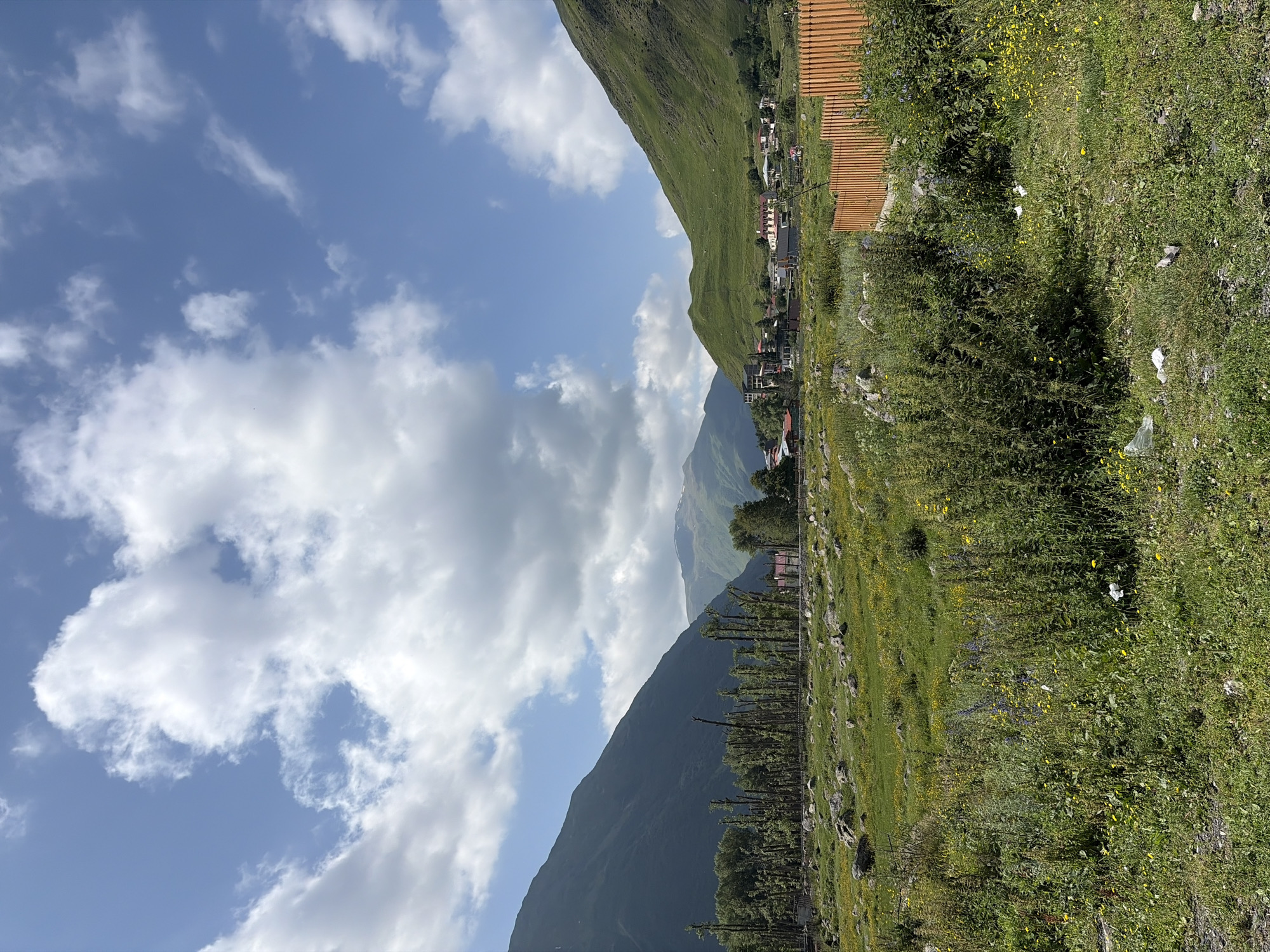 Georgian flag and alpine landscape near Stepantsminda