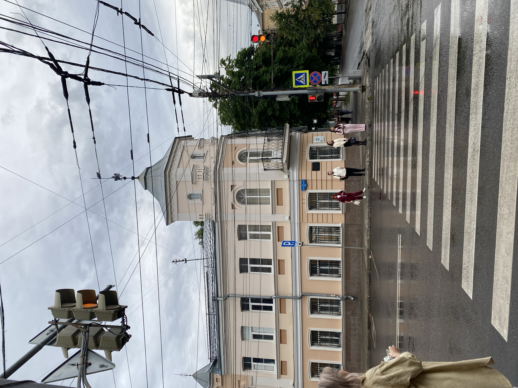 Rainy afternoon foot traffic at a Voronezh street crossing