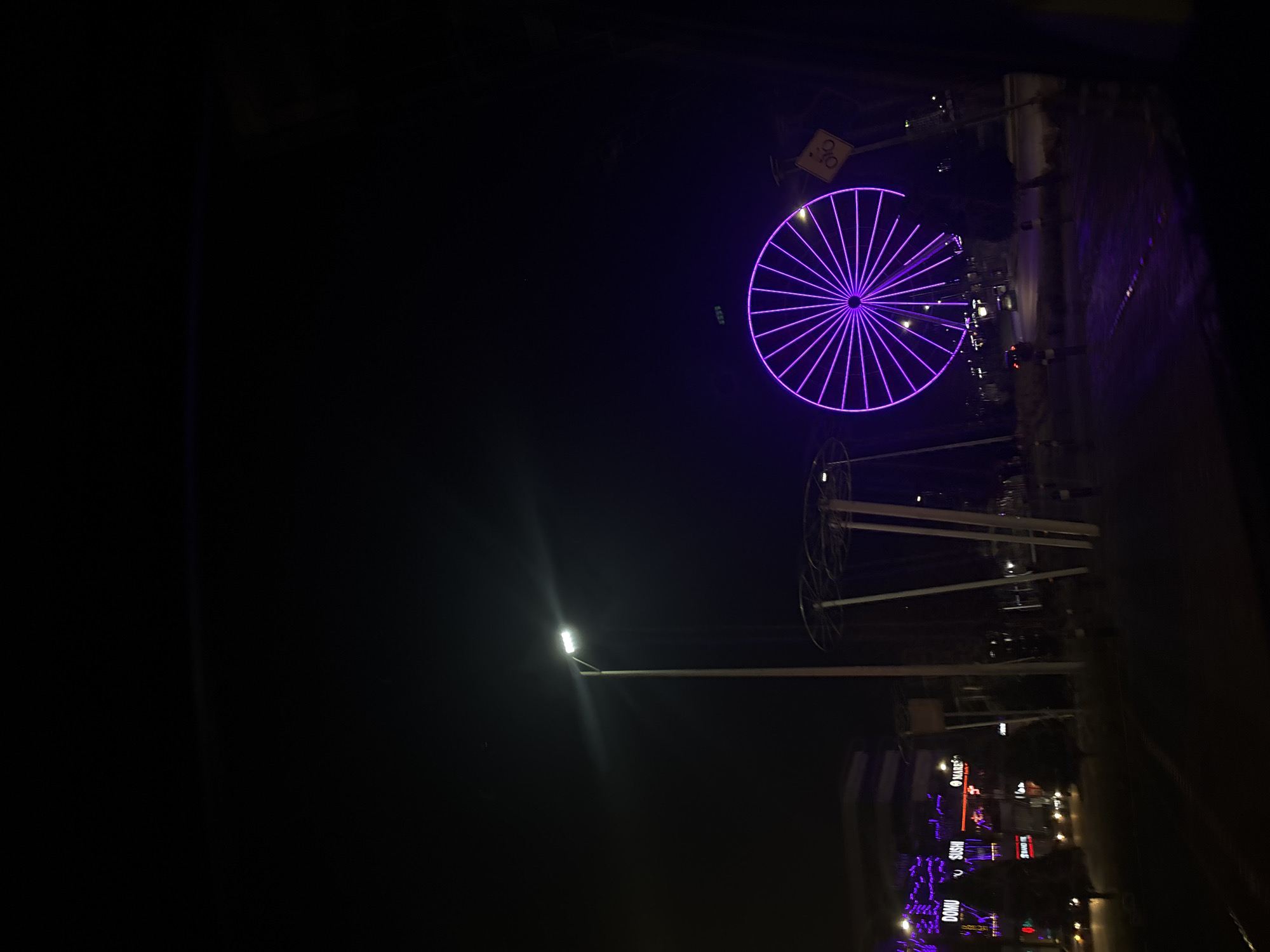 Purple Ferris wheel illuminates Puebla commercial district at night