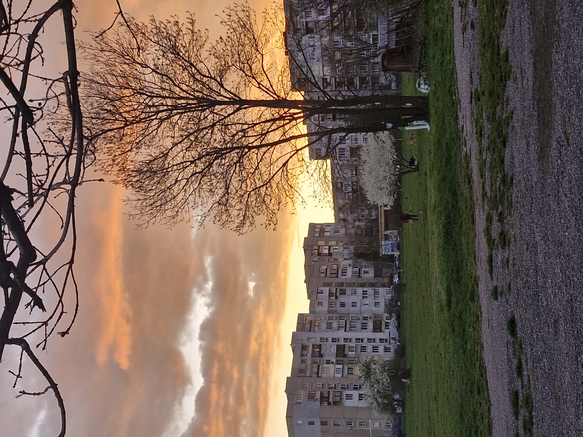 Sunset documented at Sofia park amid Soviet-era apartment buildings