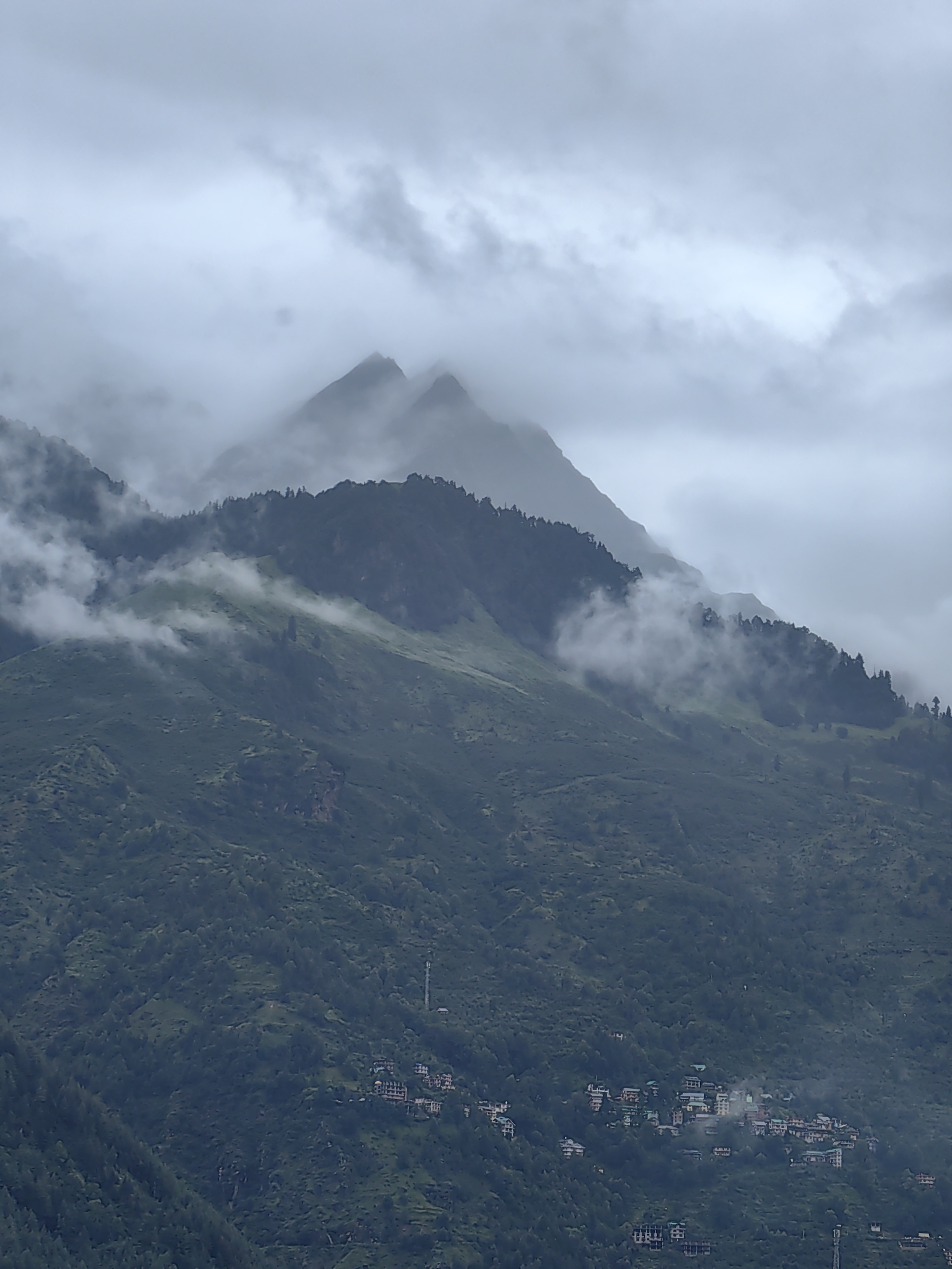 Vashisht in the clouds: forests, peaks, and village on a misty morning