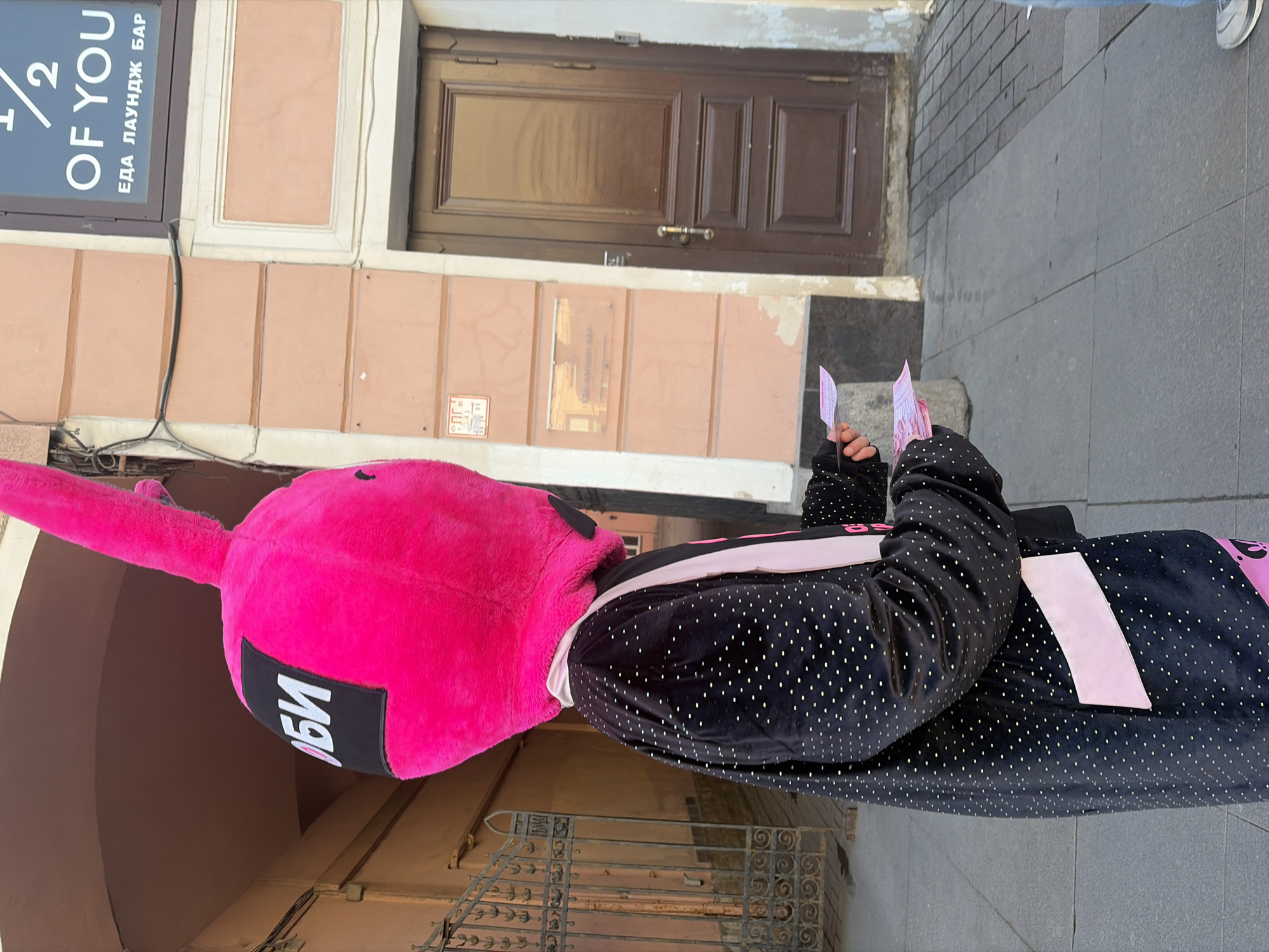 Pink bunny costume spotted among street scenes in Saint Petersburg