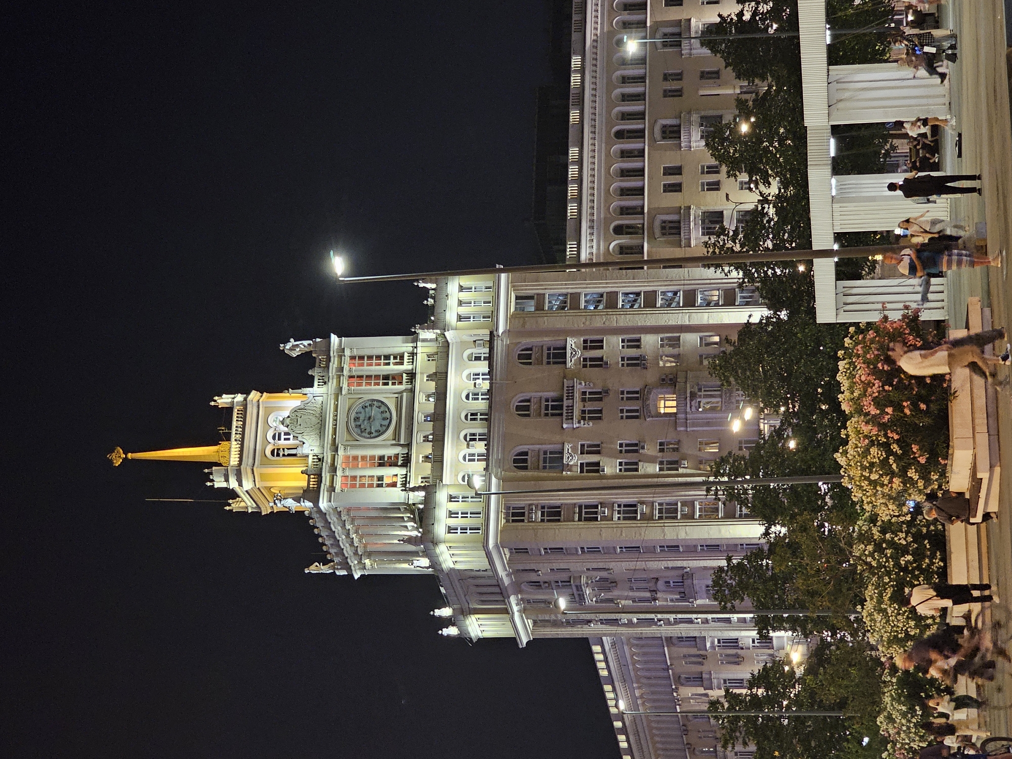 Moscow's MFA Stalinist skyscraper glowing at night