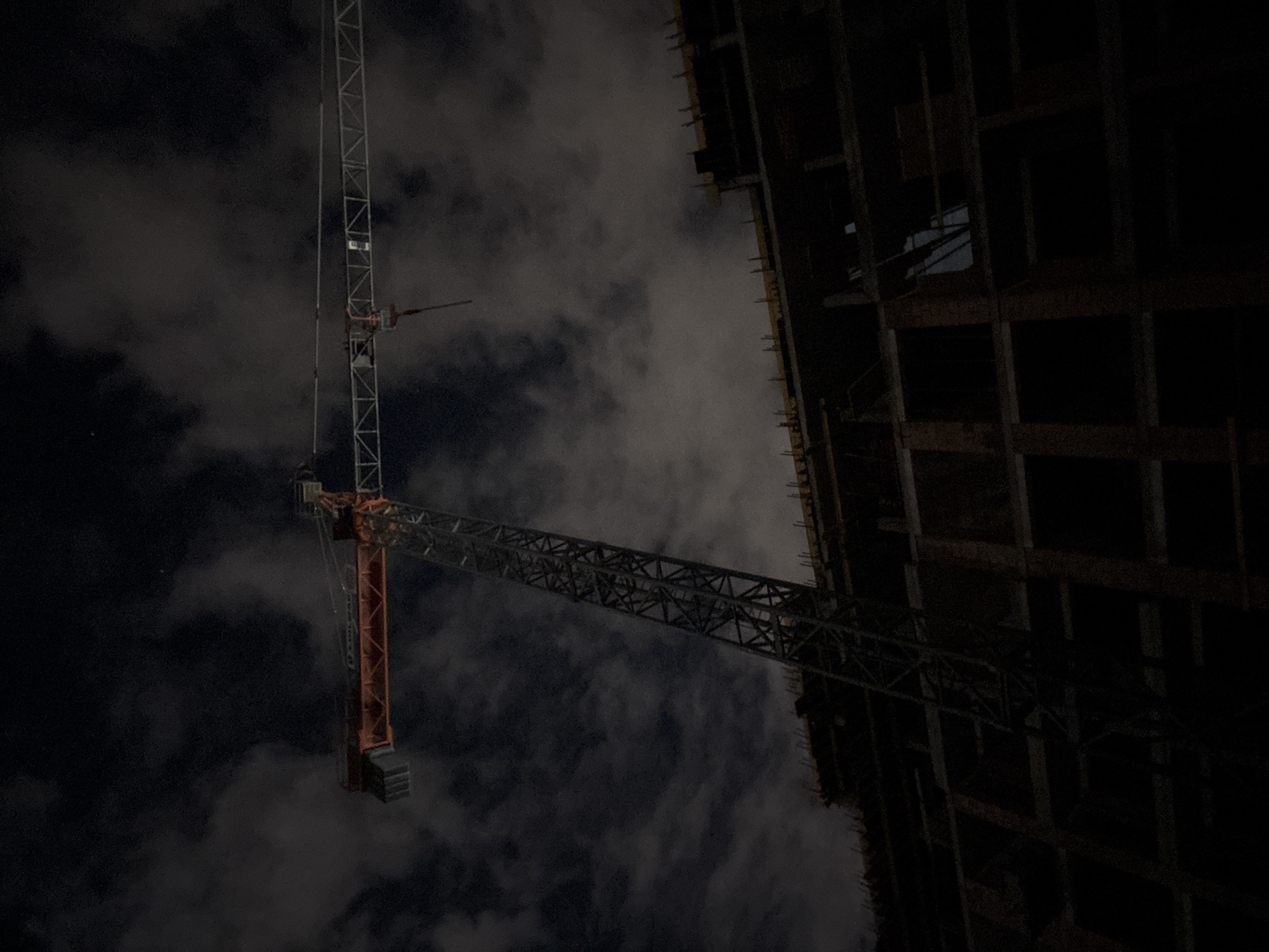 Construction site with crane photographed at night in Plovdiv