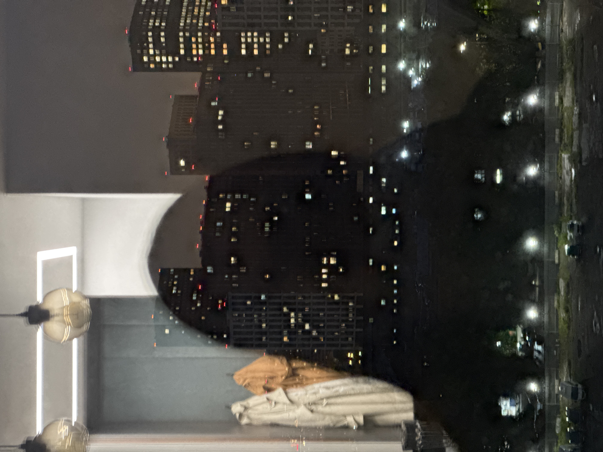 Hanging bulbs reflected in a Moscow window at night