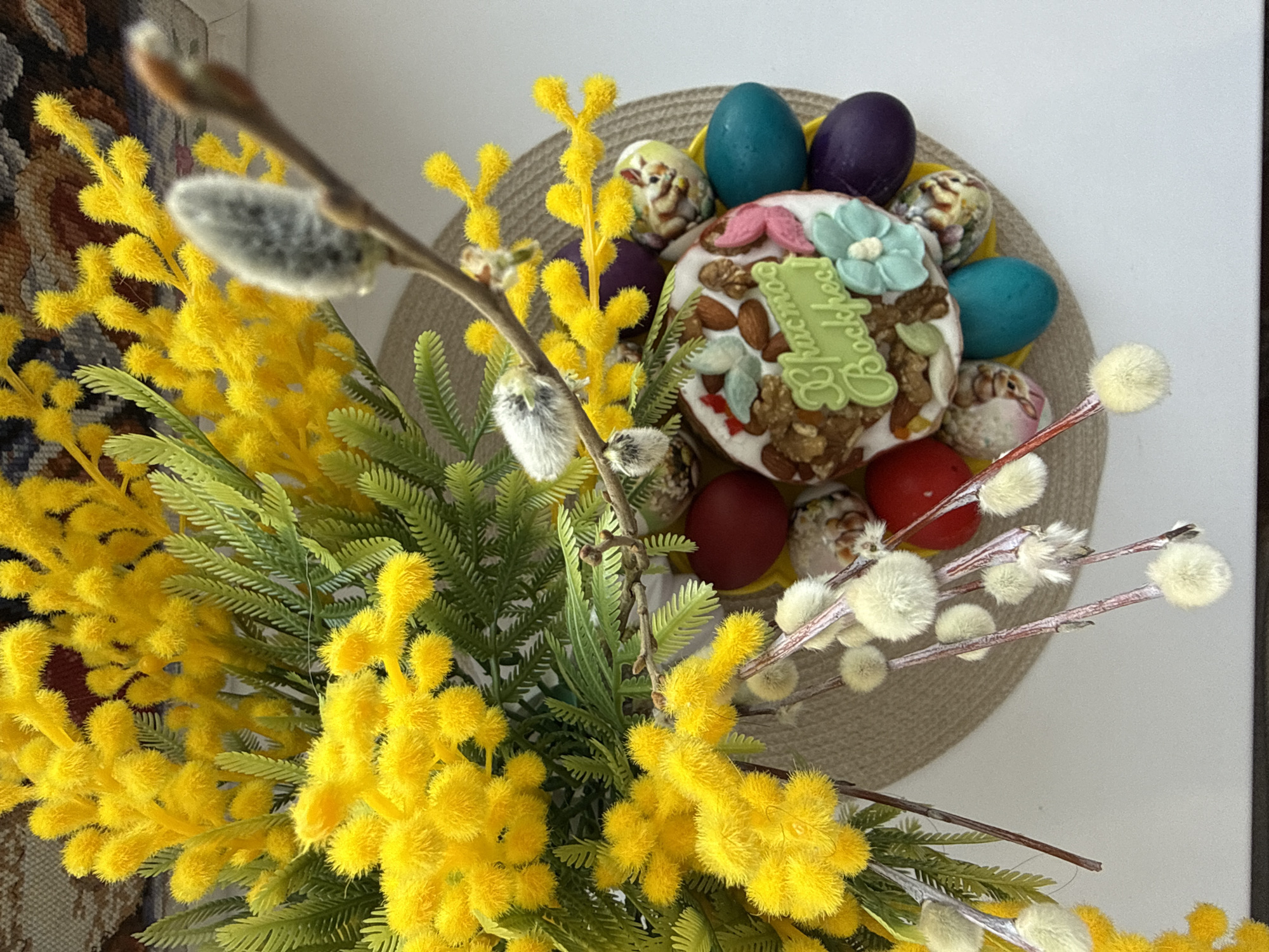 Easter celebration with traditional cake and decorations in Bor, Russia