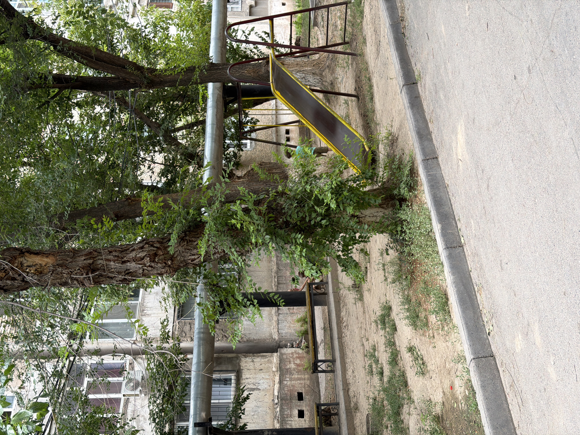 Morning walkthrough of a Shymkent residential courtyard and its streets