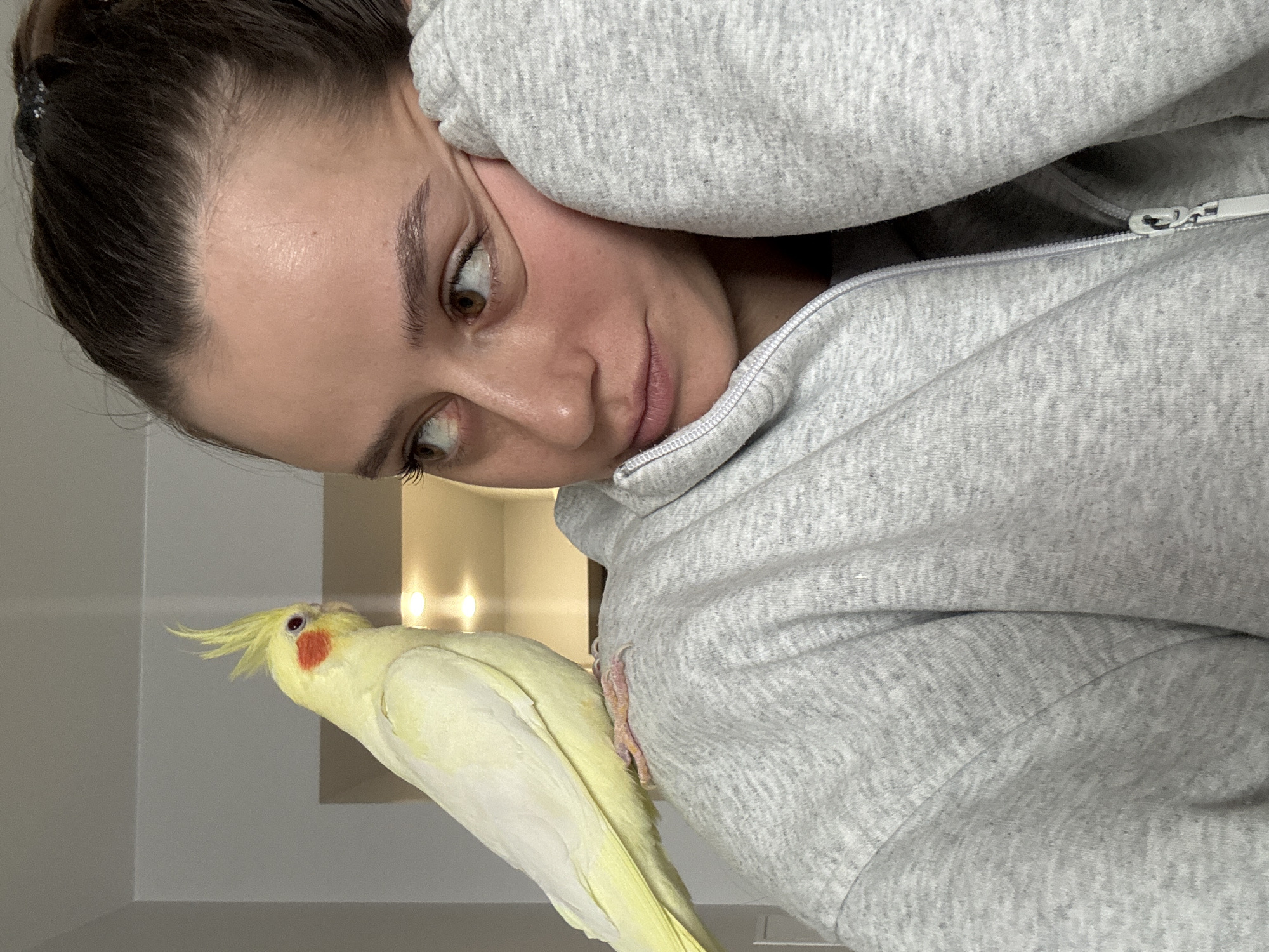 Woman bonds with pet cockatiel during morning in Krasnoyarsk