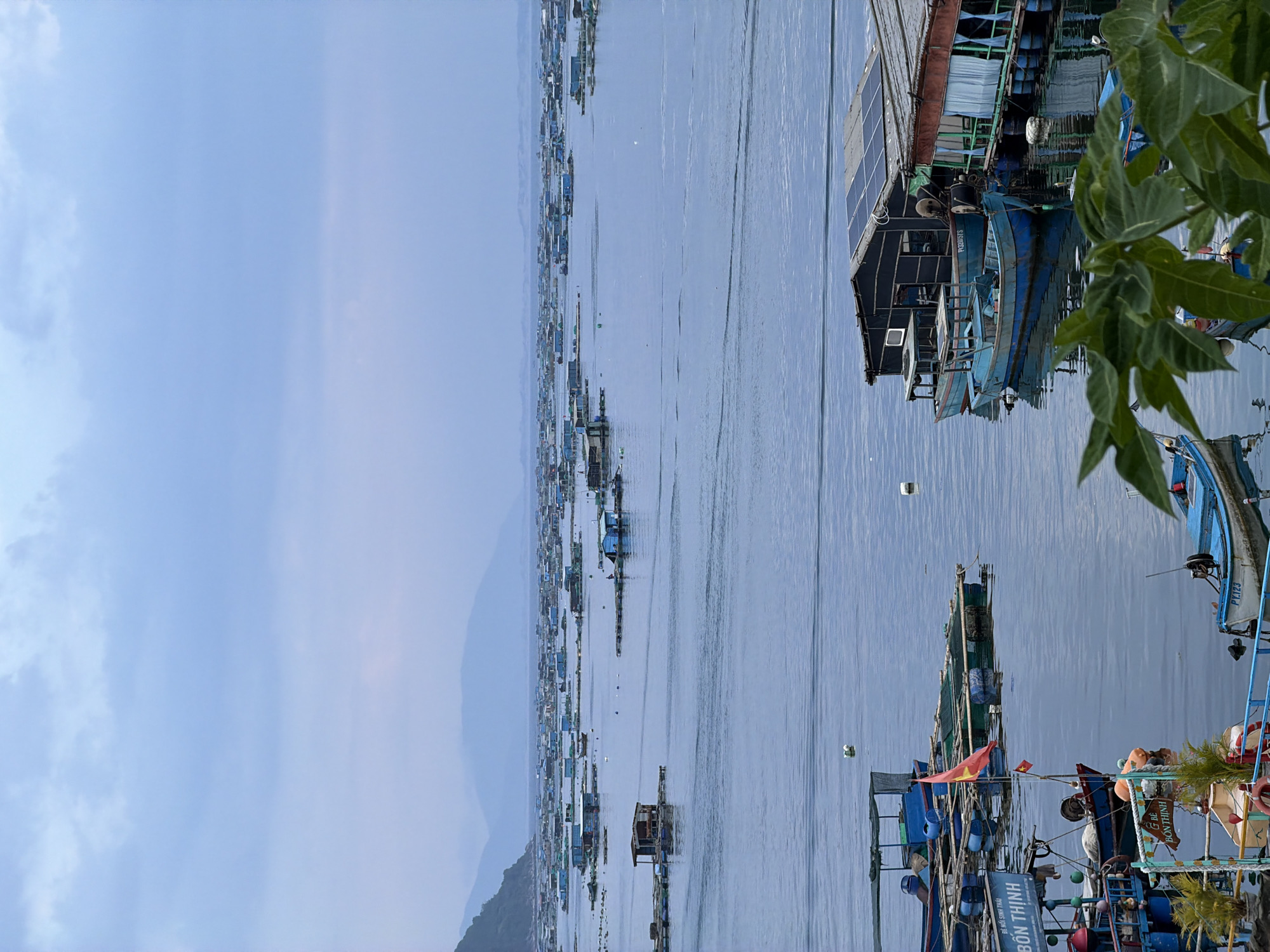 Floating village life on the bay in Hoa Xuan, Vietnam