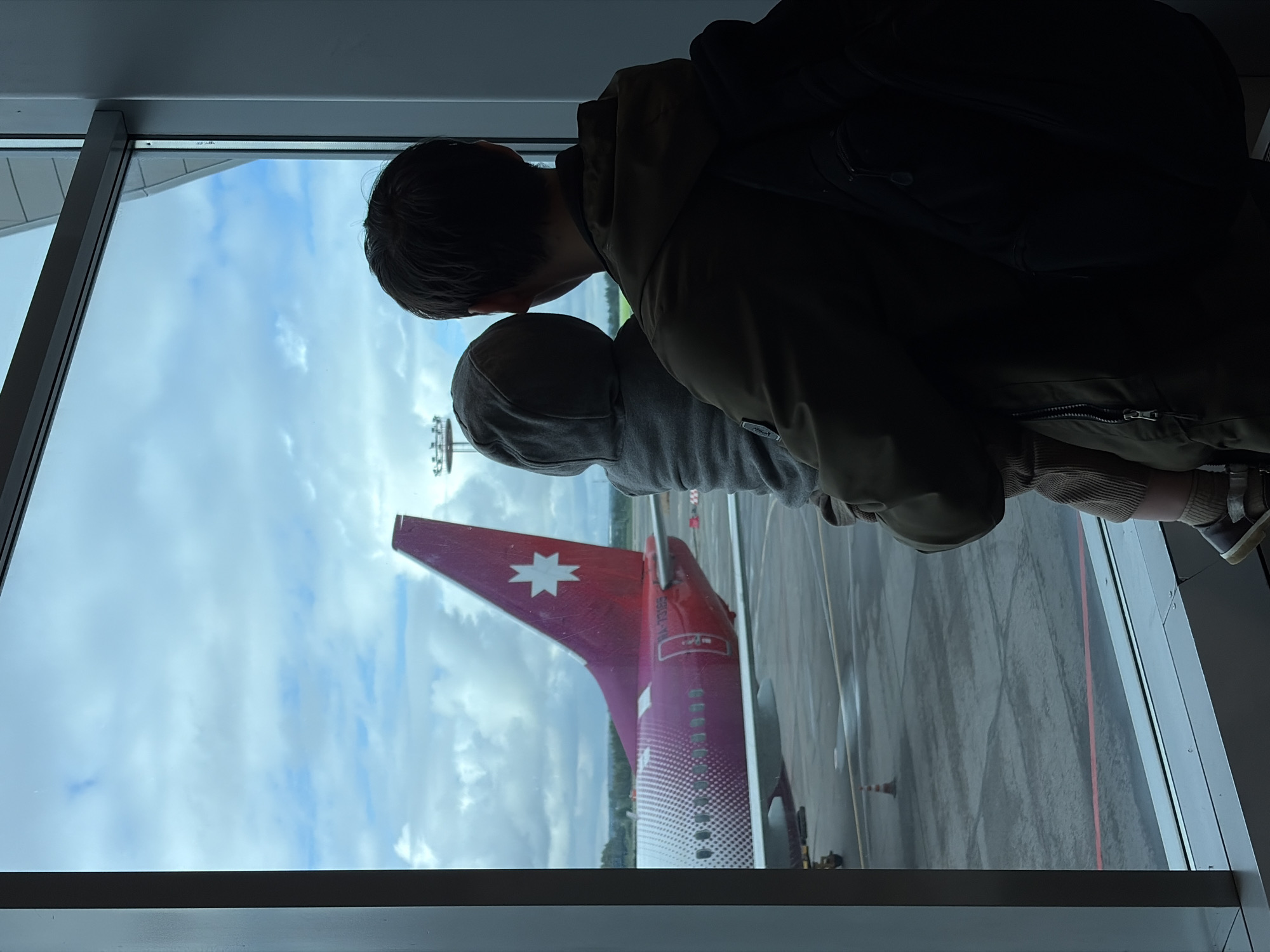 Parent and child watch distinctive pink aircraft at Moscow airport