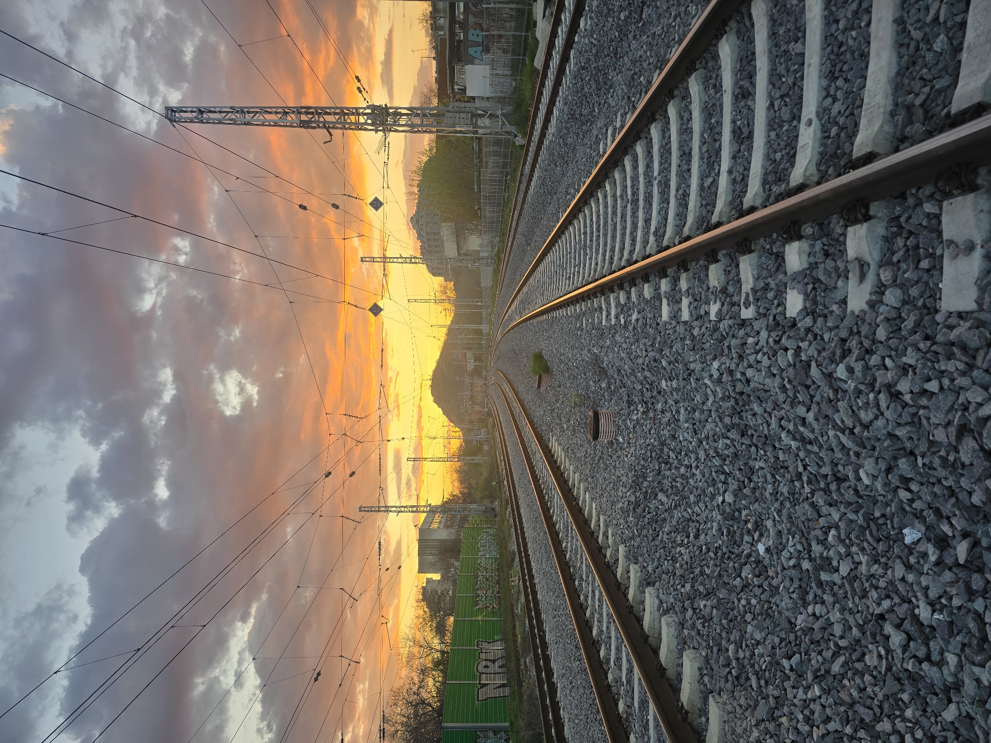 Railway tracks observed at sunset in Plovdiv, Bulgaria
