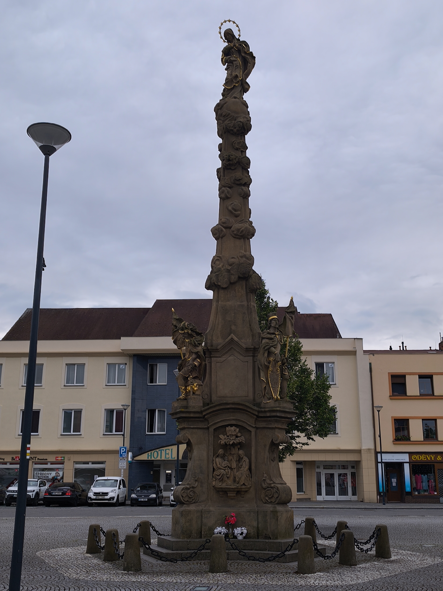 Baroque church and religious column in central Choceň
