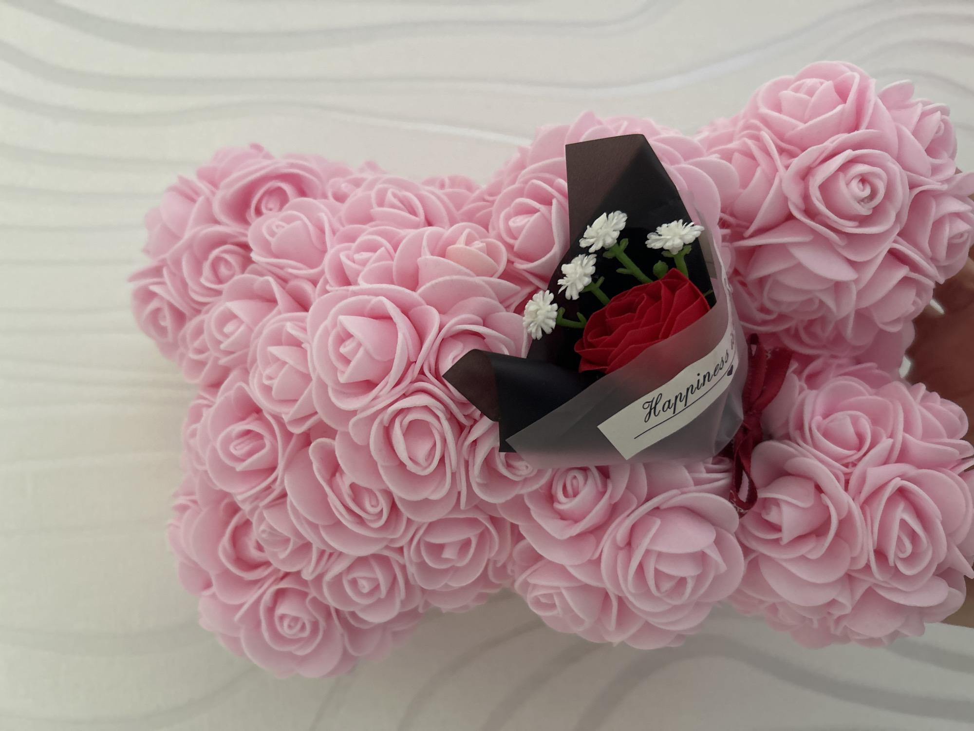 Pink rose teddy bear with flower bouquet spotted in Strasbourg
