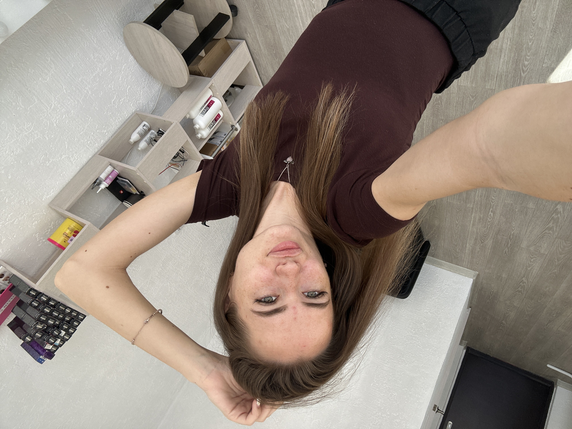 Selfie session at a salon vanity mirror