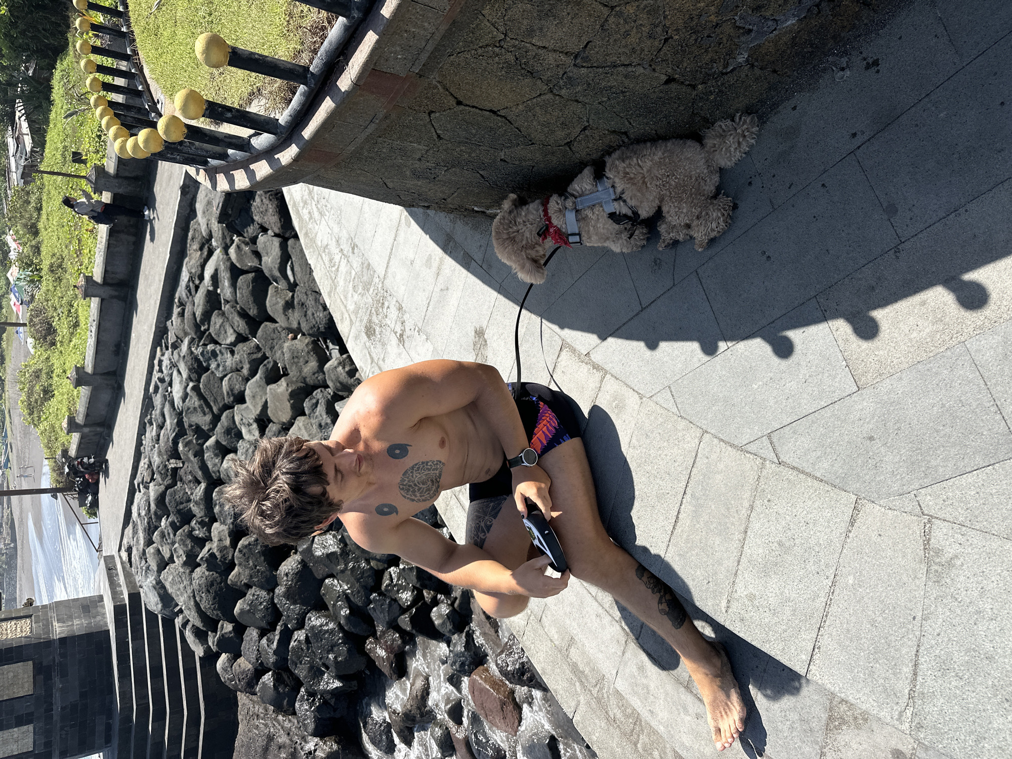 Man and dog spotted in sunny coastal Mengwi scene