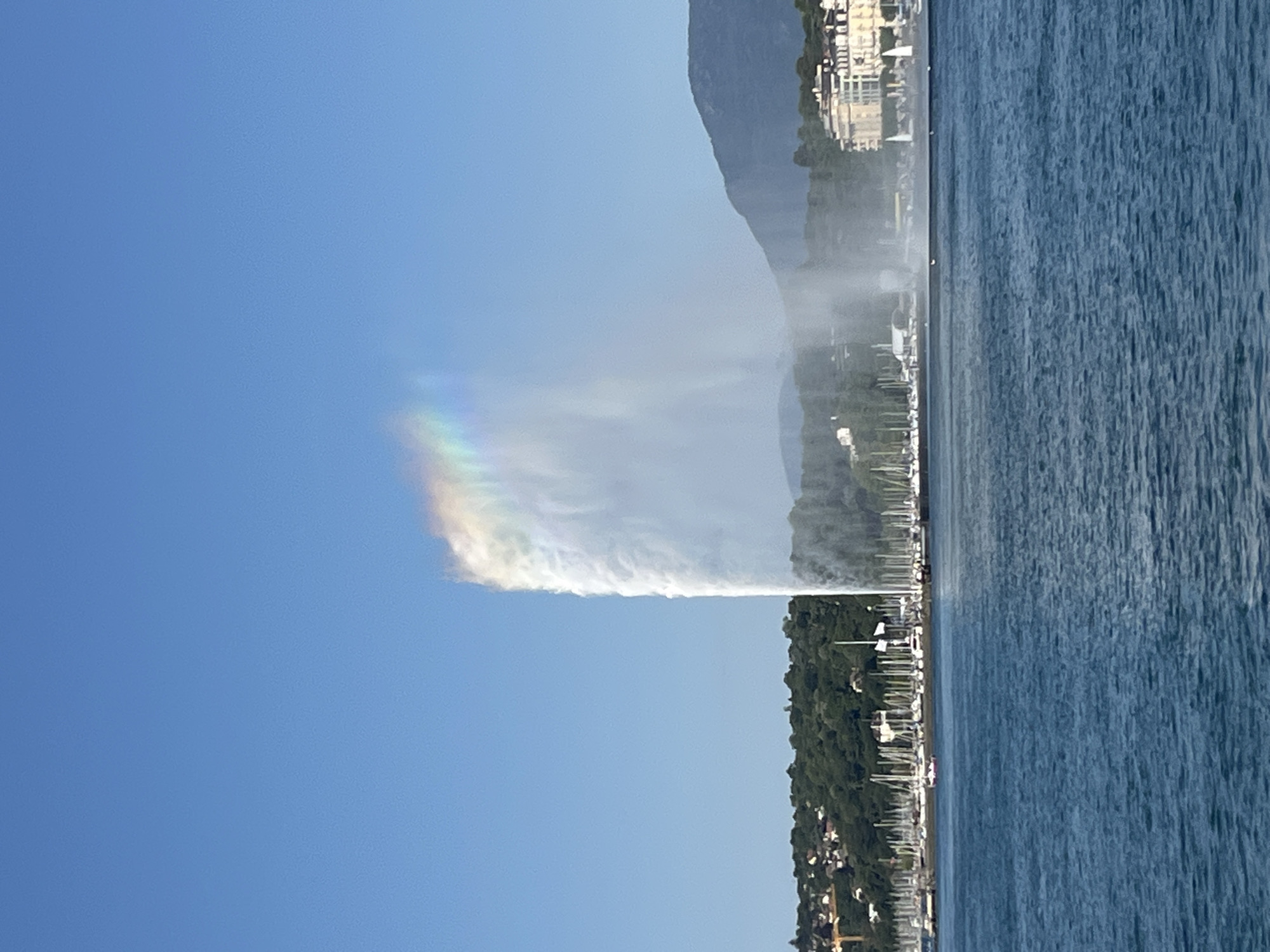 Sunny afternoon at Geneva's lakefront, Jet d'Eau in full spray