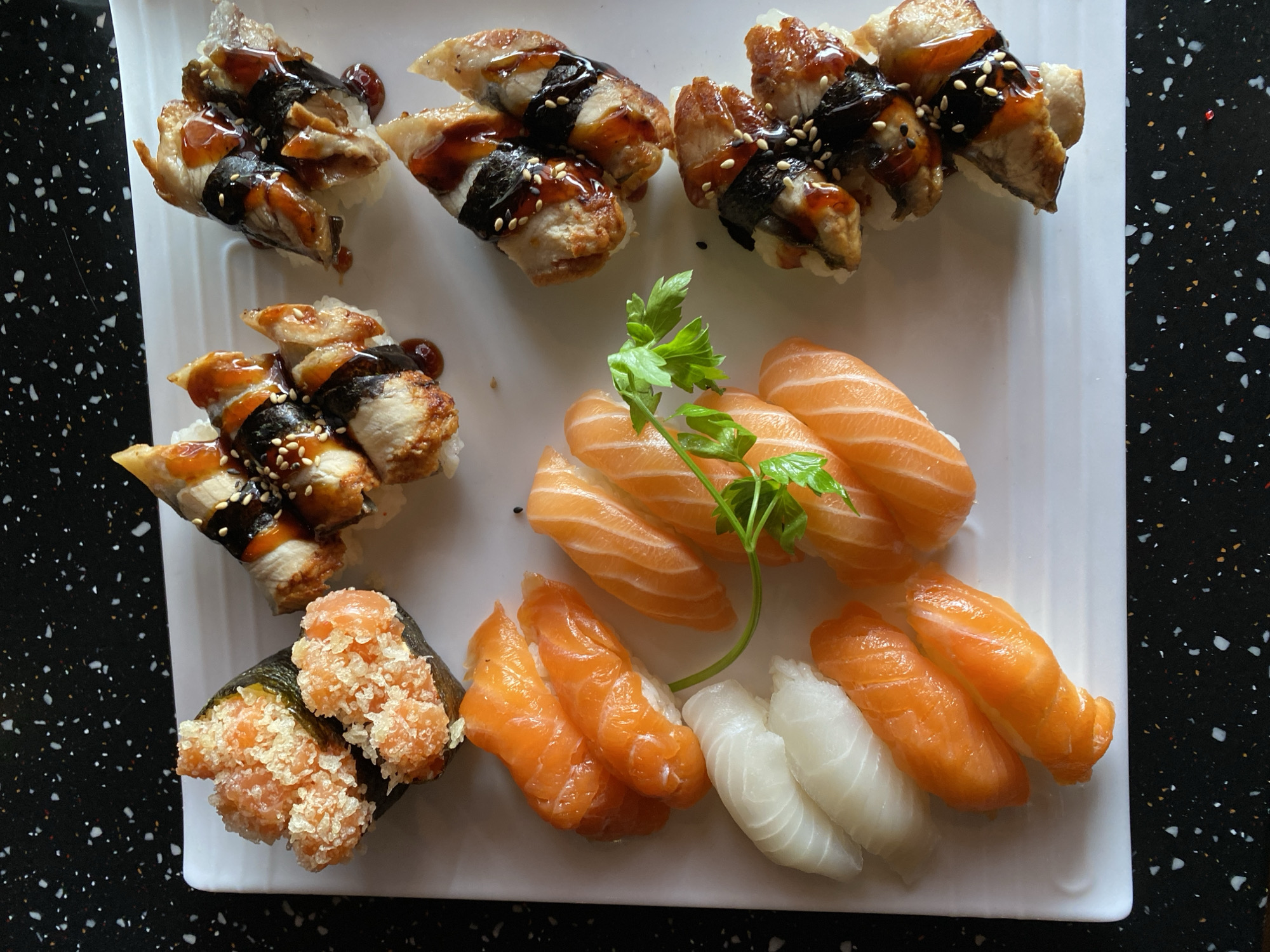 Sushi spread on a Montreal countertop, multiple angles