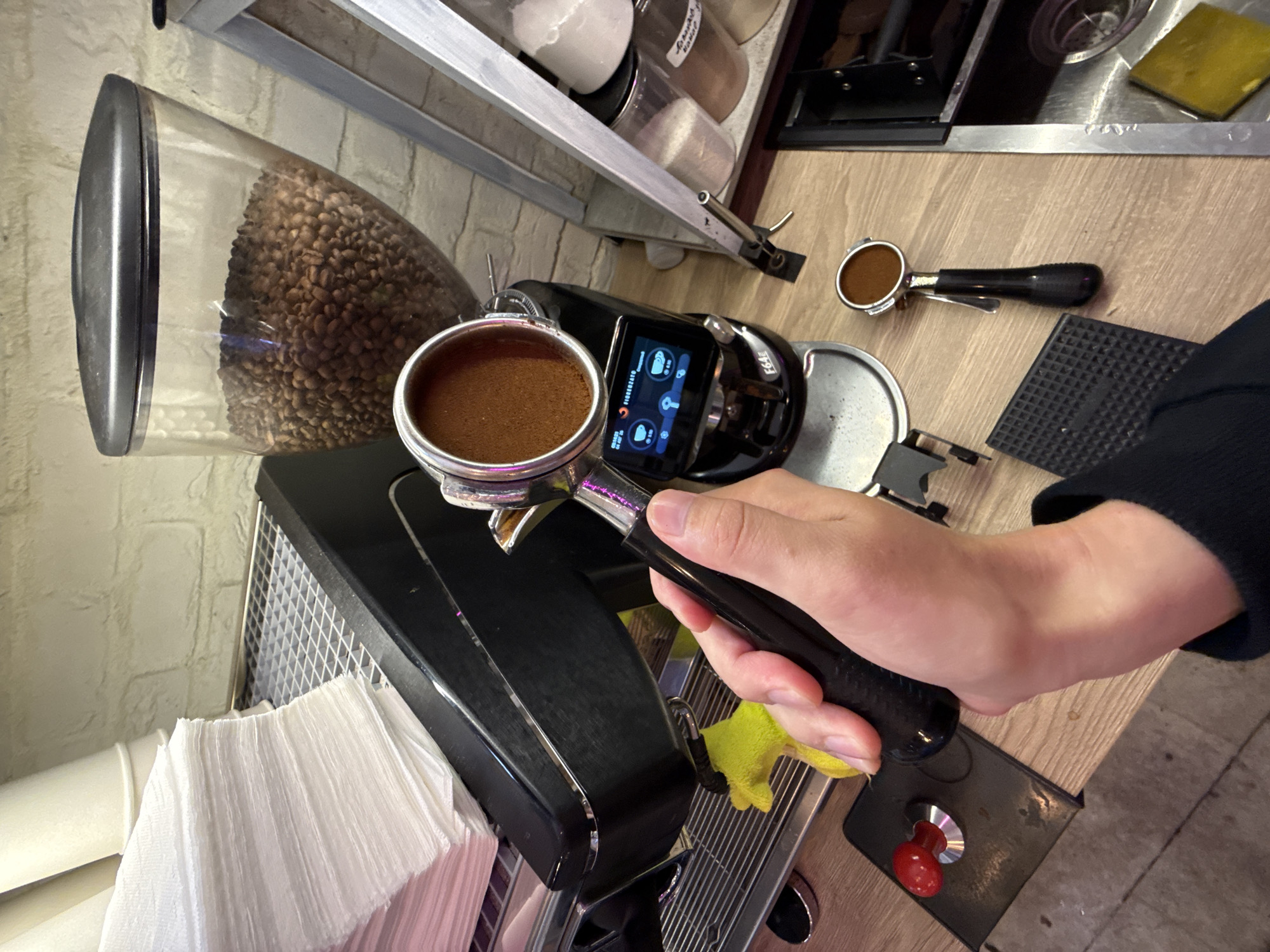 Espresso prep on a Moscow morning, portafilter and scale ready
