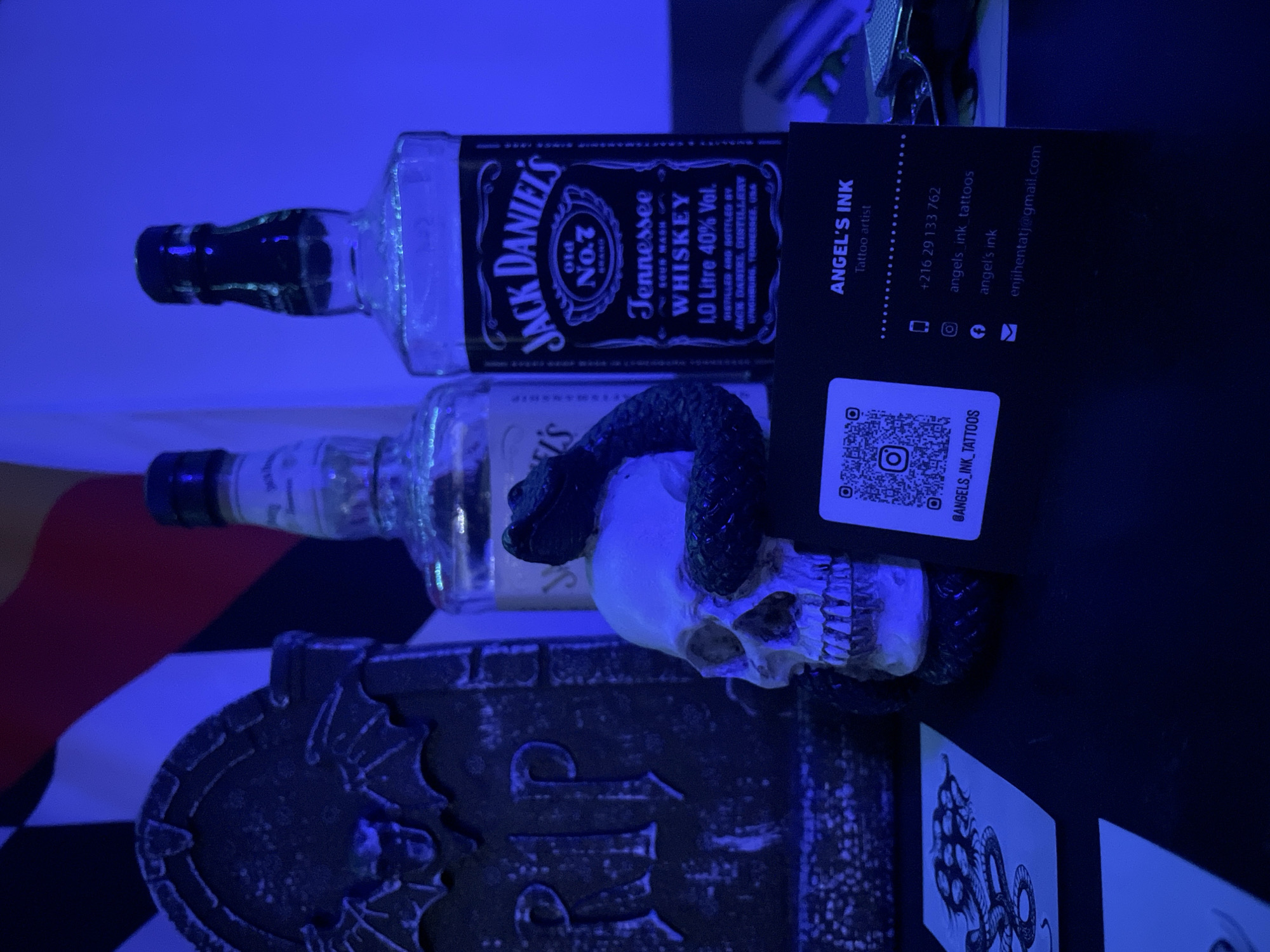 LED-lit room with whiskey bottles, skeleton art documented in Tunisia