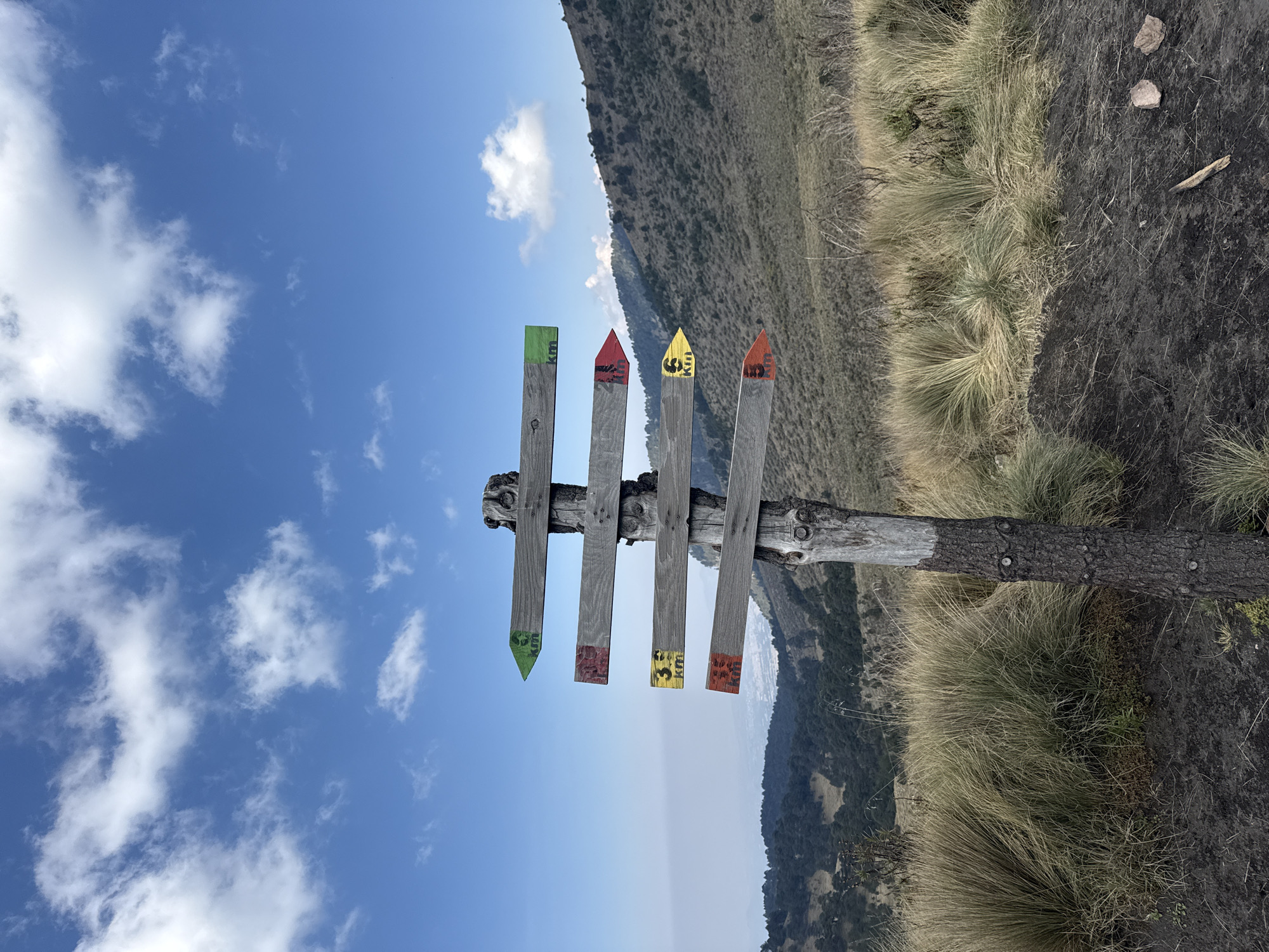 Trail marker with colored directional signs spotted in Tlamacas
