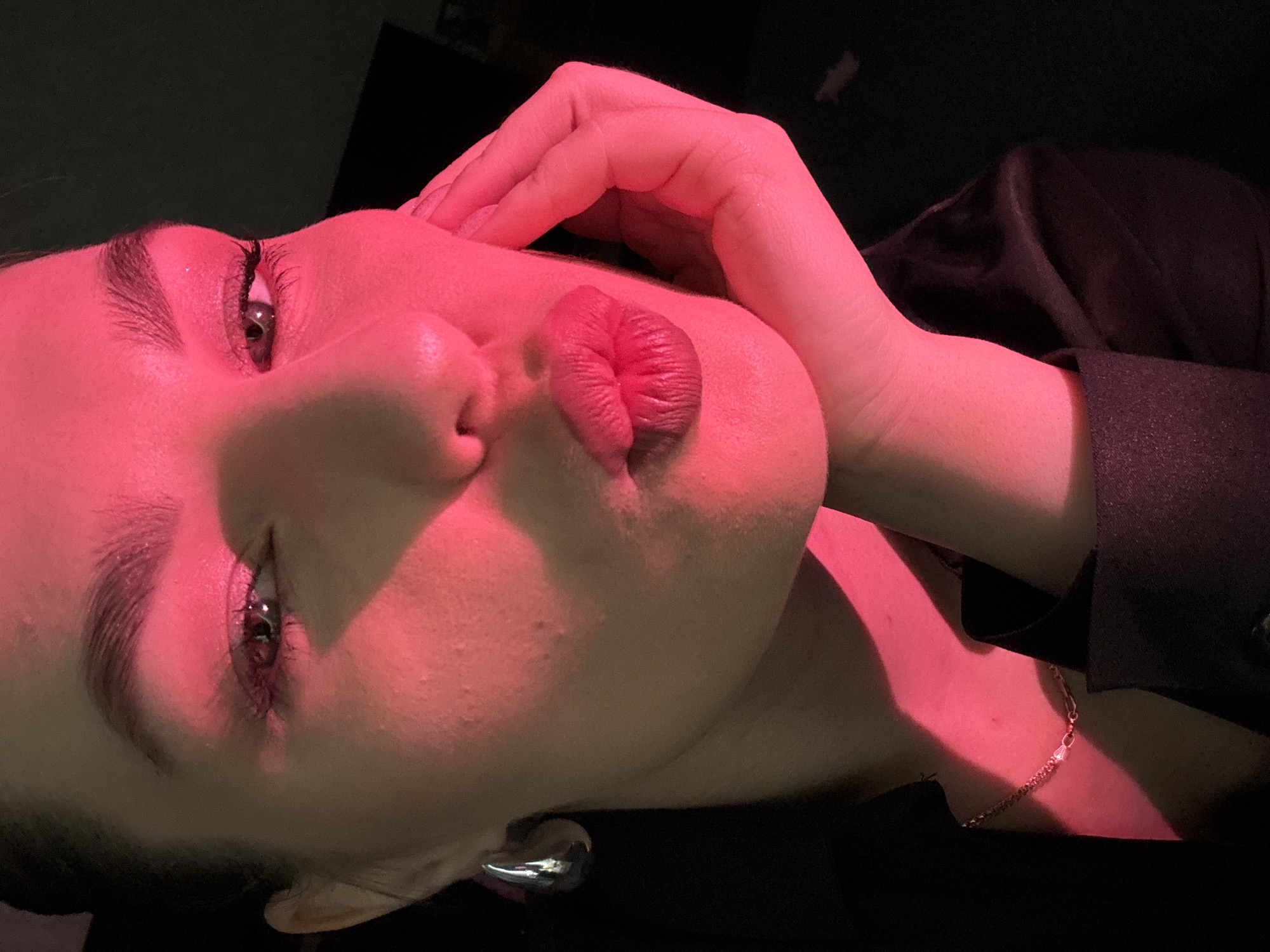 Evening selfie session documented in Chaikovsky bedroom with colored lighting
