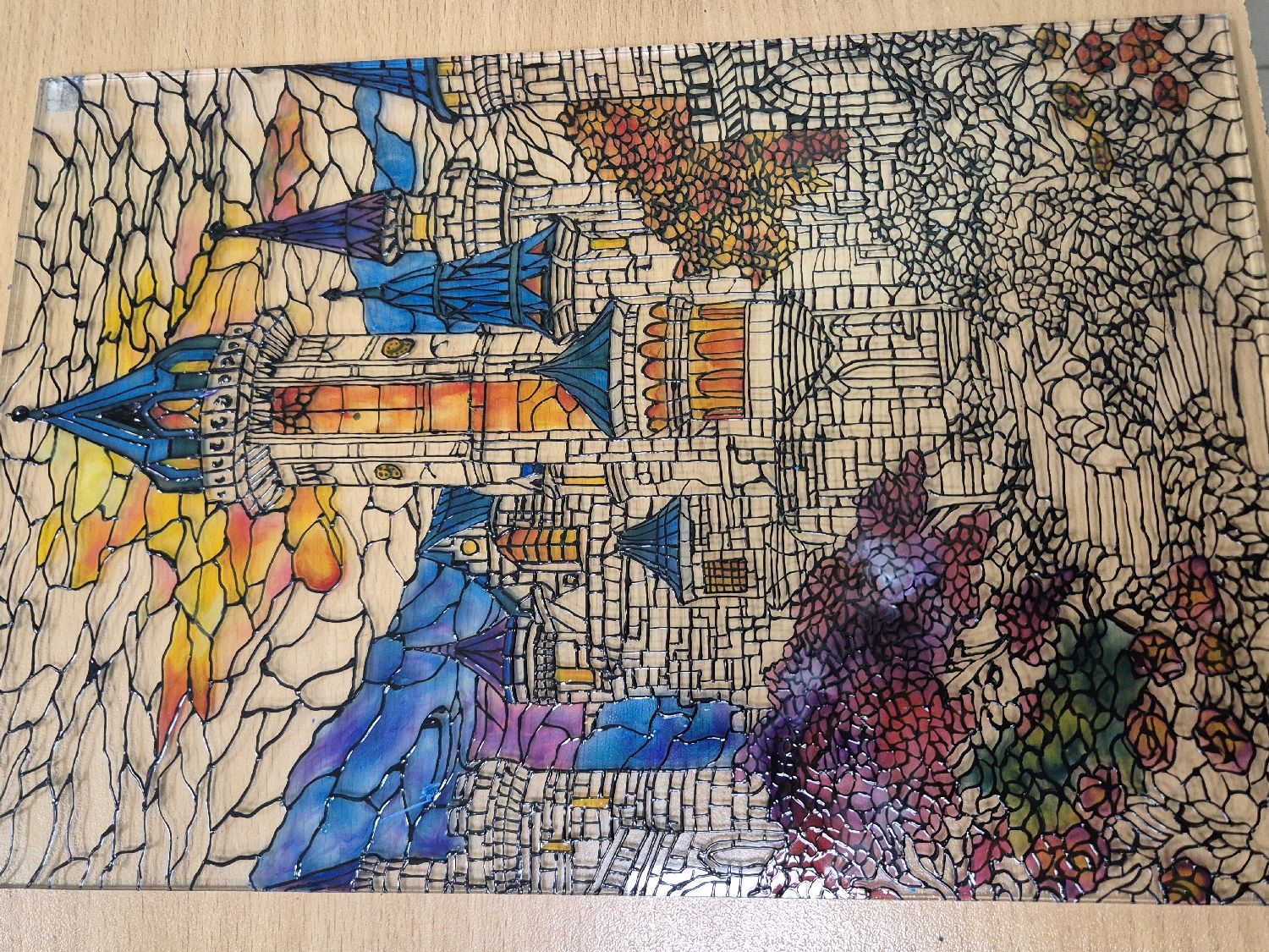Fantastical stained glass artwork photographed in Pavlikeni, Bulgaria