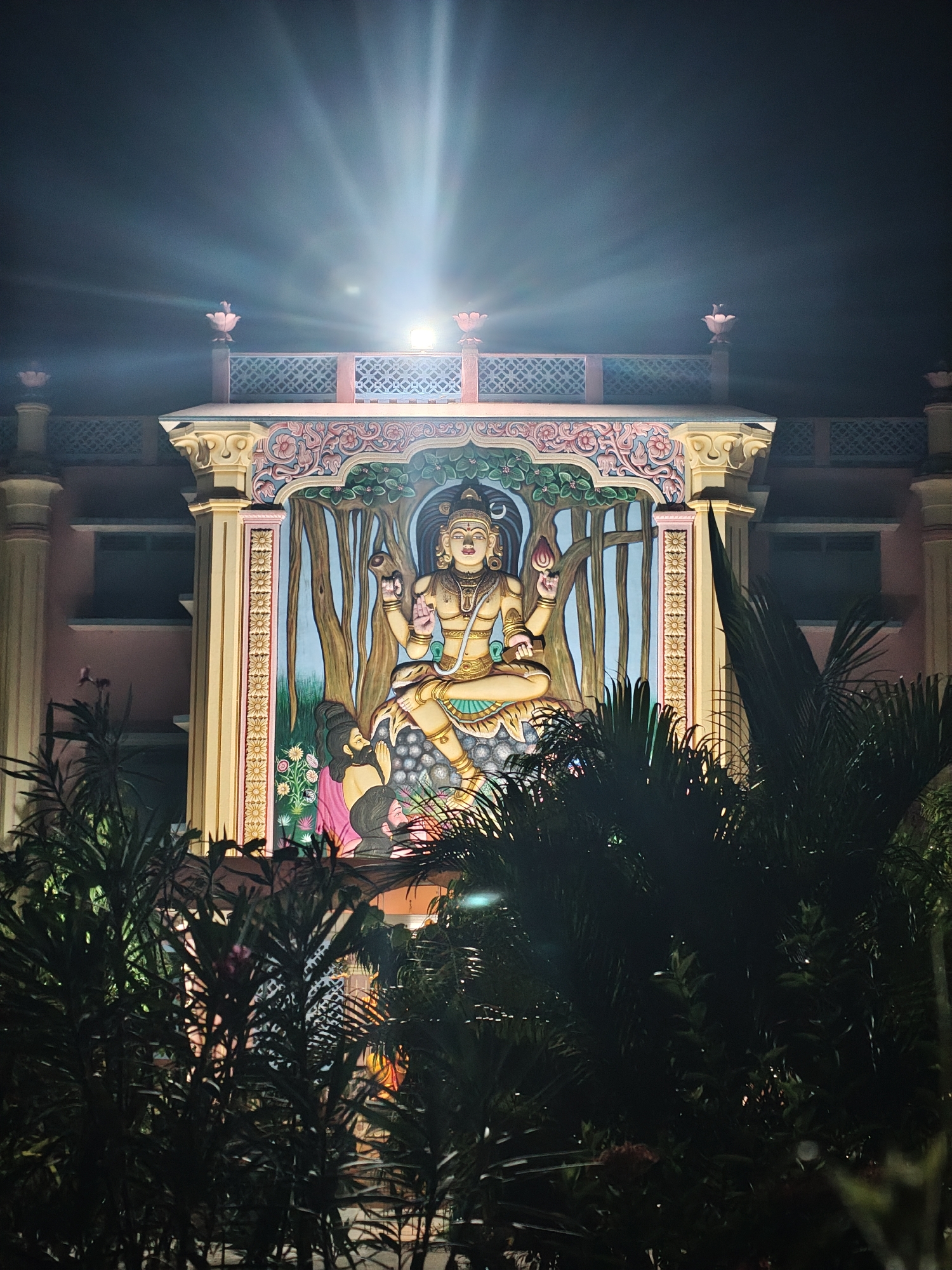 Evening illumination captured at Puttaparthi religious site