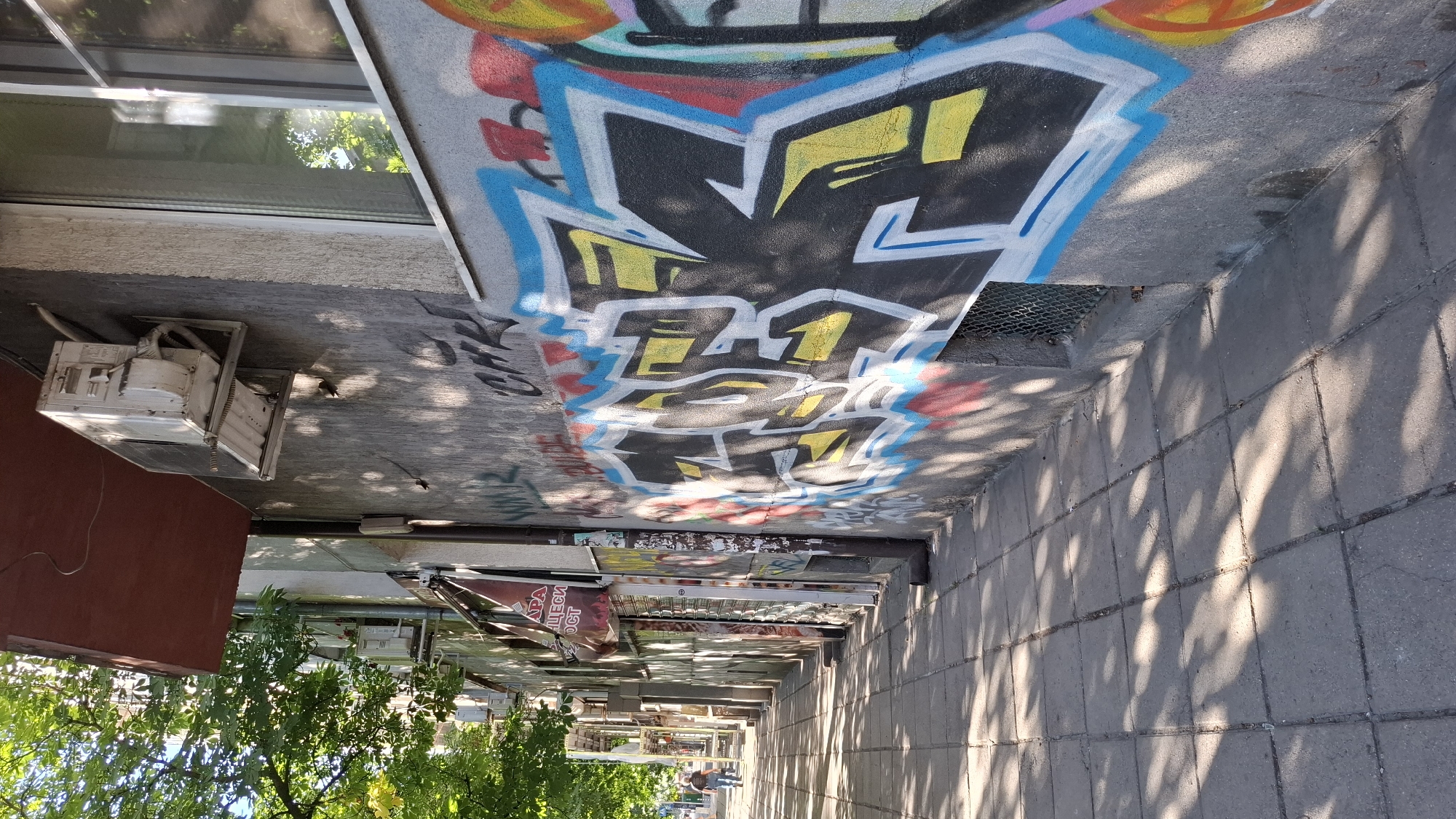Sofia street walls thick with graffiti on a summer afternoon