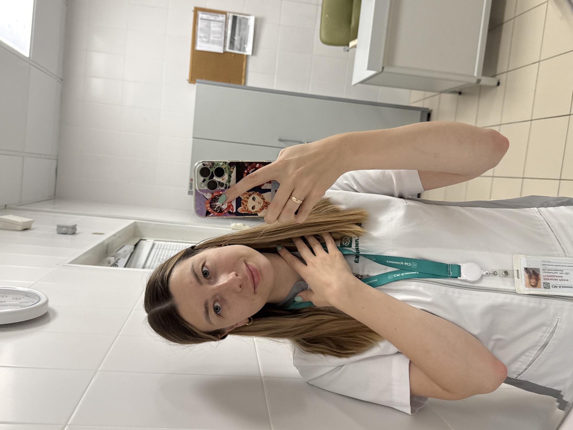 Medical worker documents workplace moments in Moscow facility