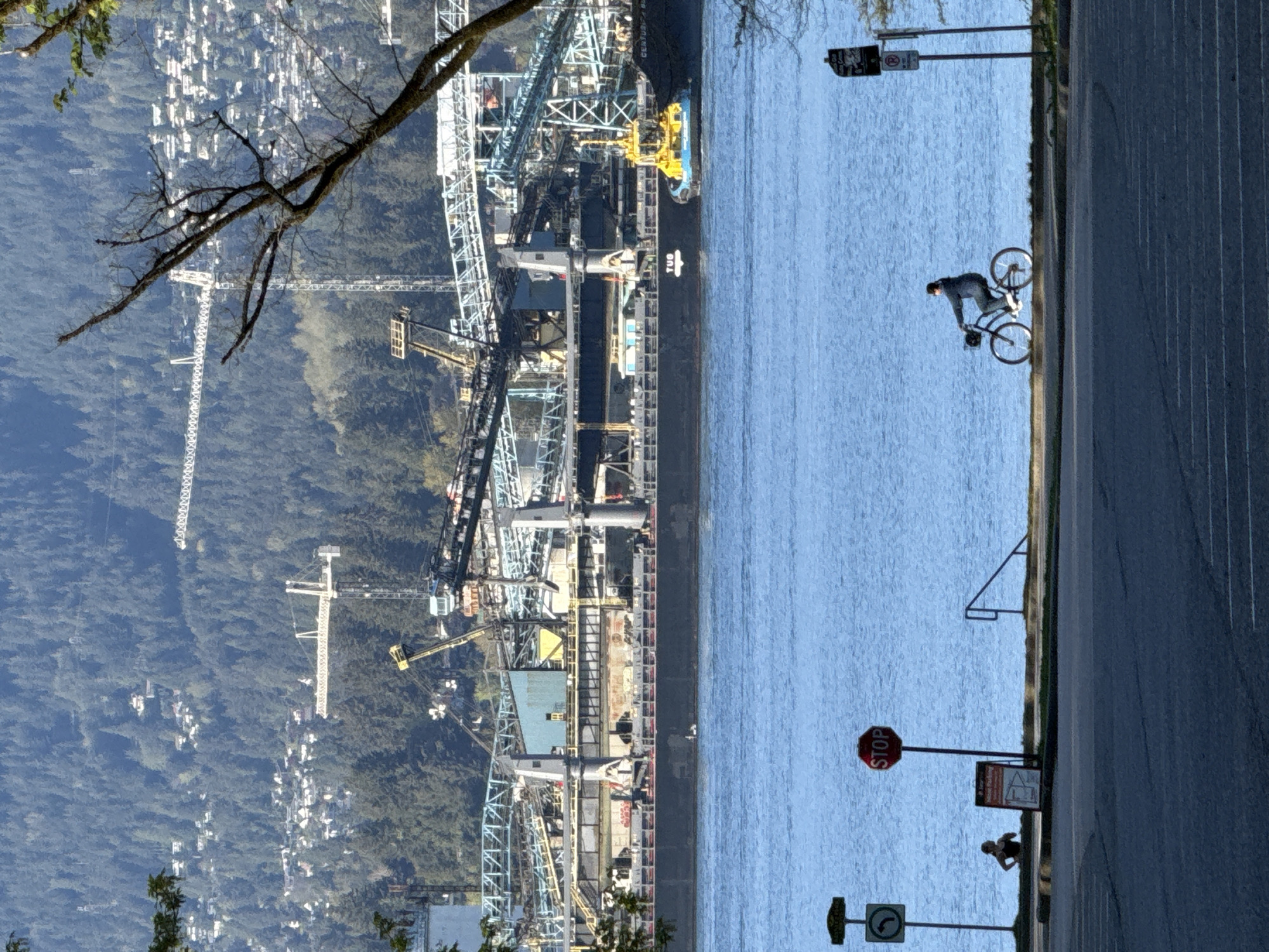 Cargo ship docked at Vancouver port with industrial infrastructure