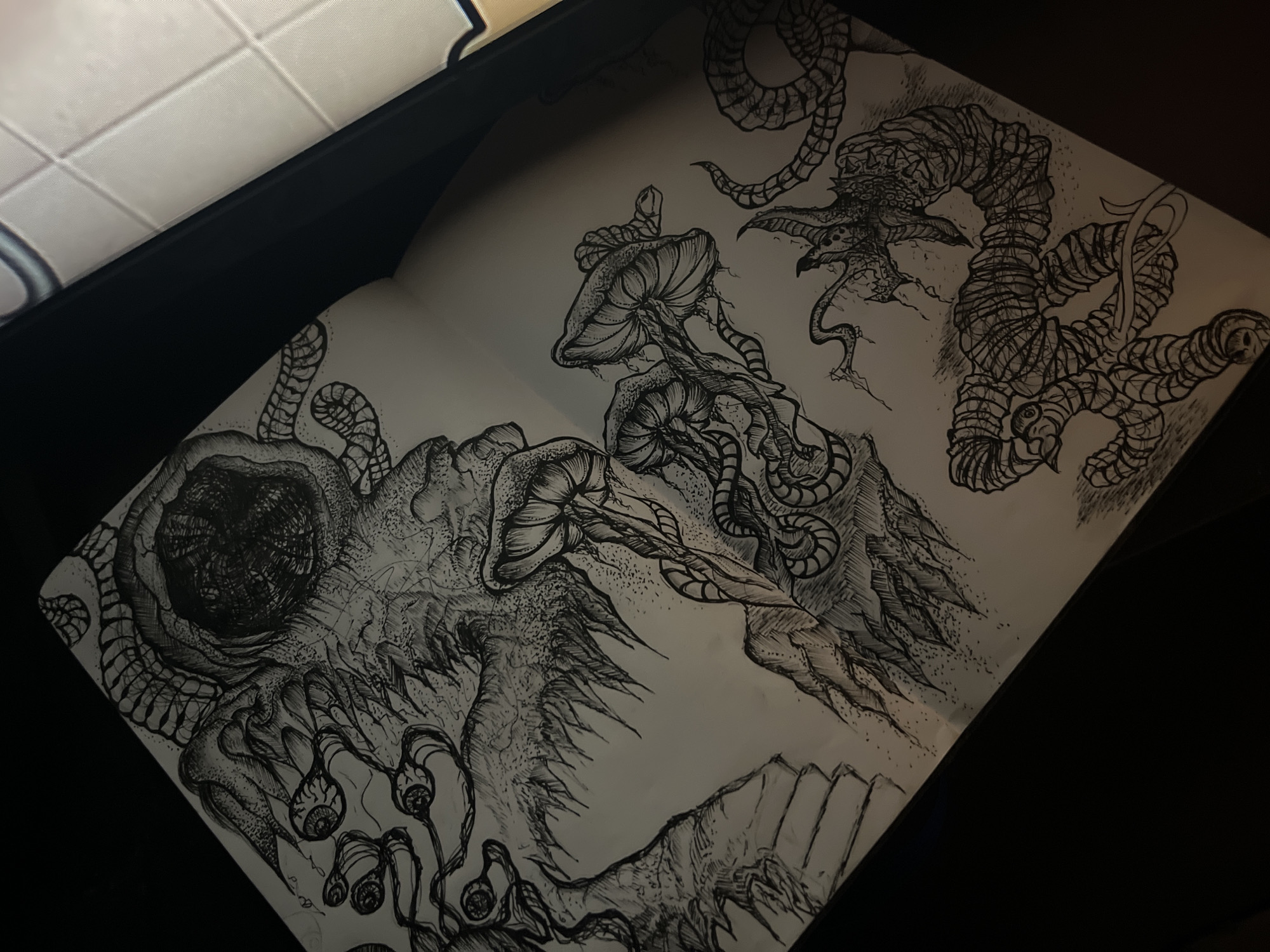 Artist documents detailed ink drawings in Sofia sketchbook session