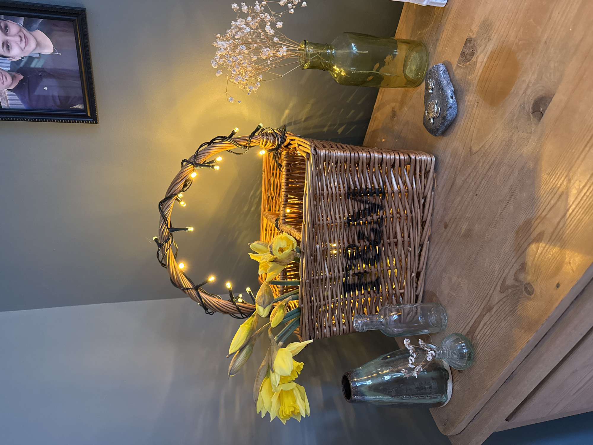 Spring daffodil display with fairy lights captured in East Suffolk