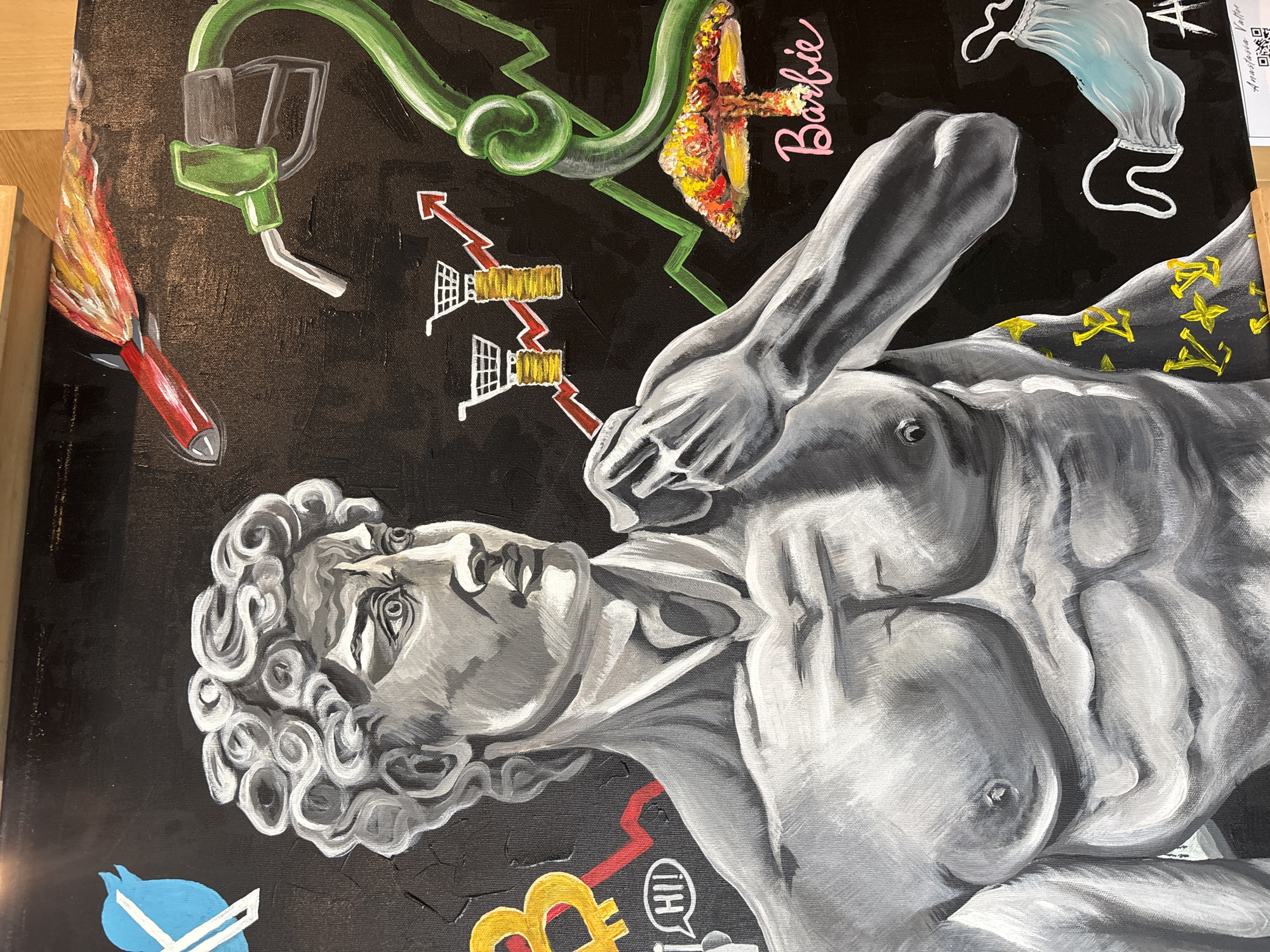 Classical-inspired painting of male figure observed at location