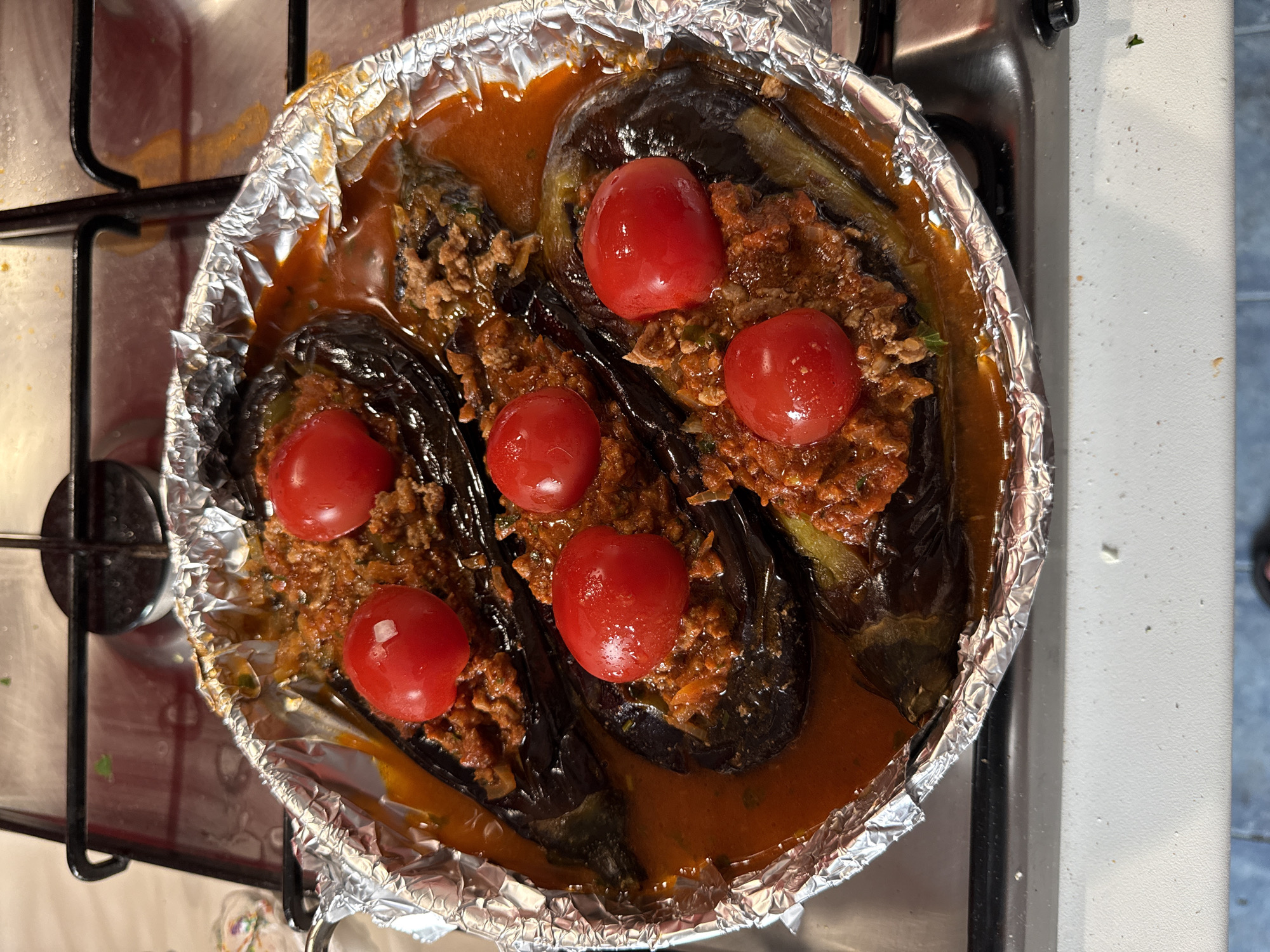 Stuffed eggplant dish prepared on Milan stovetop