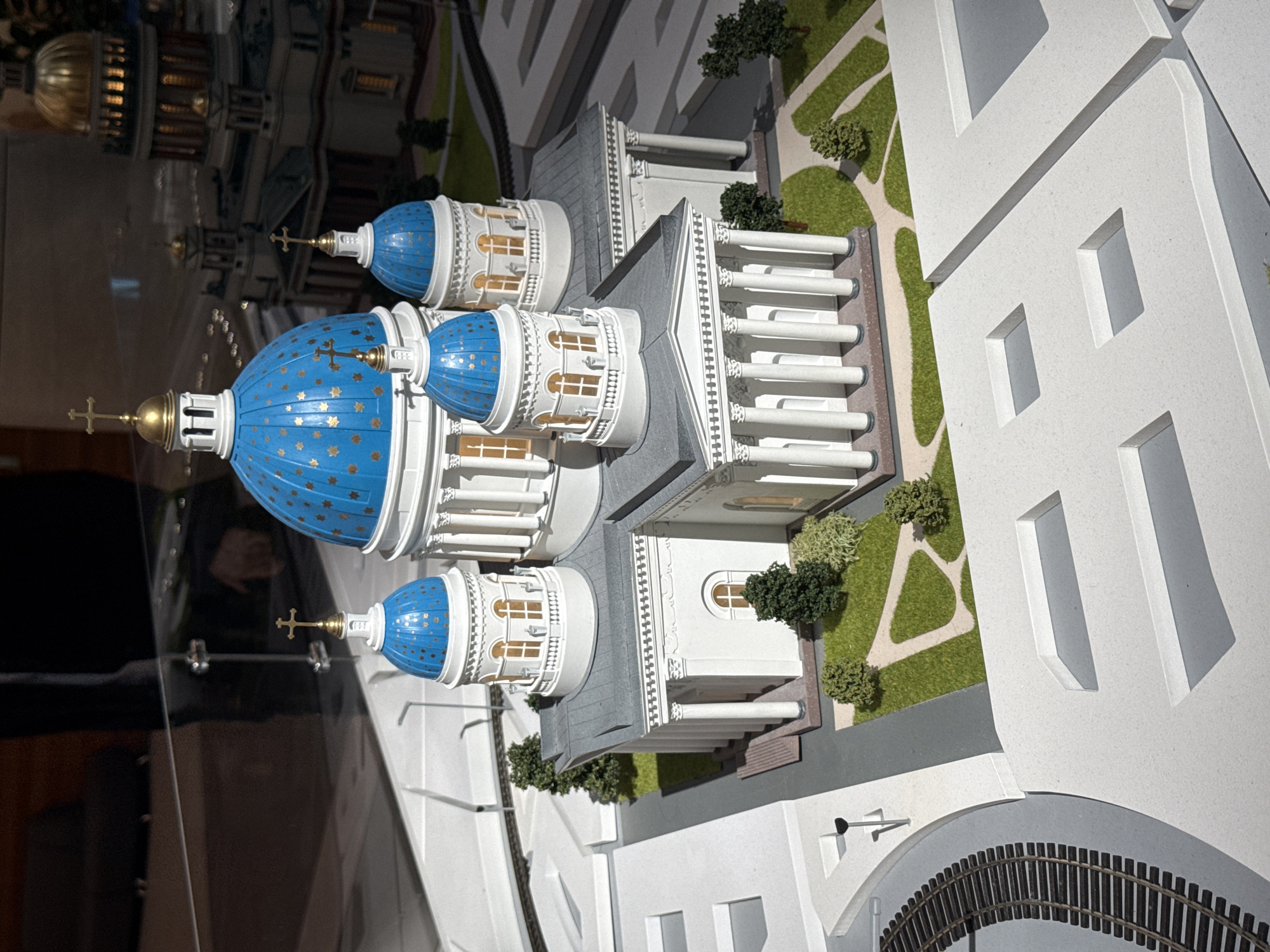Architectural models of Saint Petersburg landmarks on display indoors