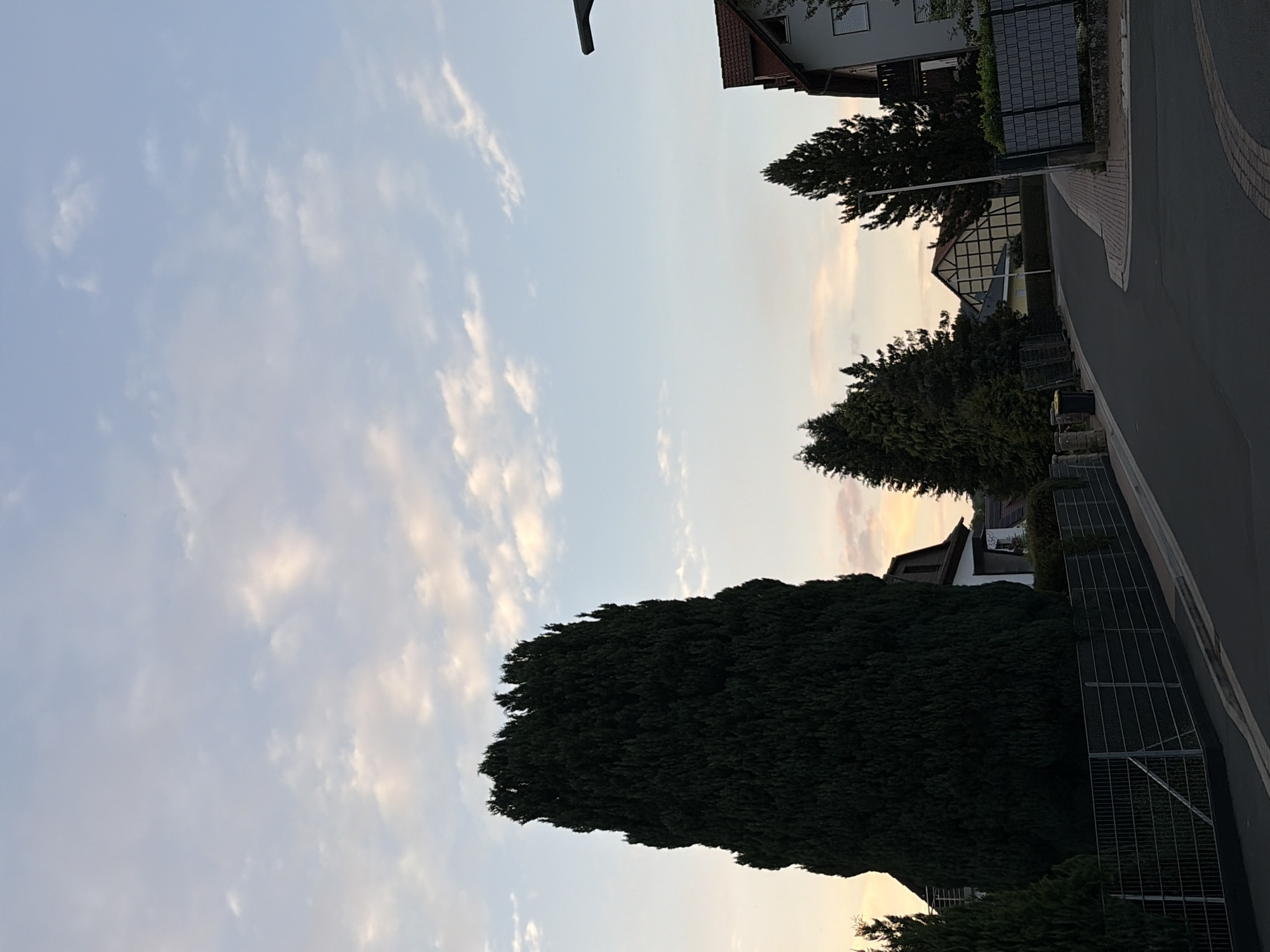 Suburban neighborhood streets and rooftops at golden hour