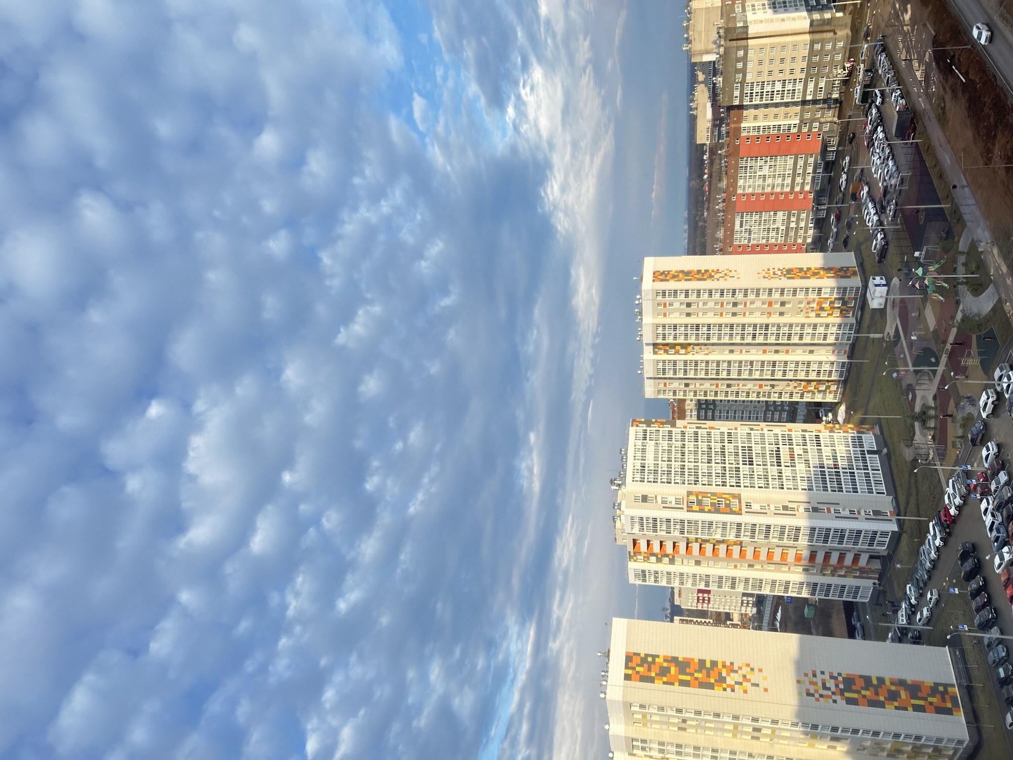 Colorful apartment buildings documented in Ufa residential area